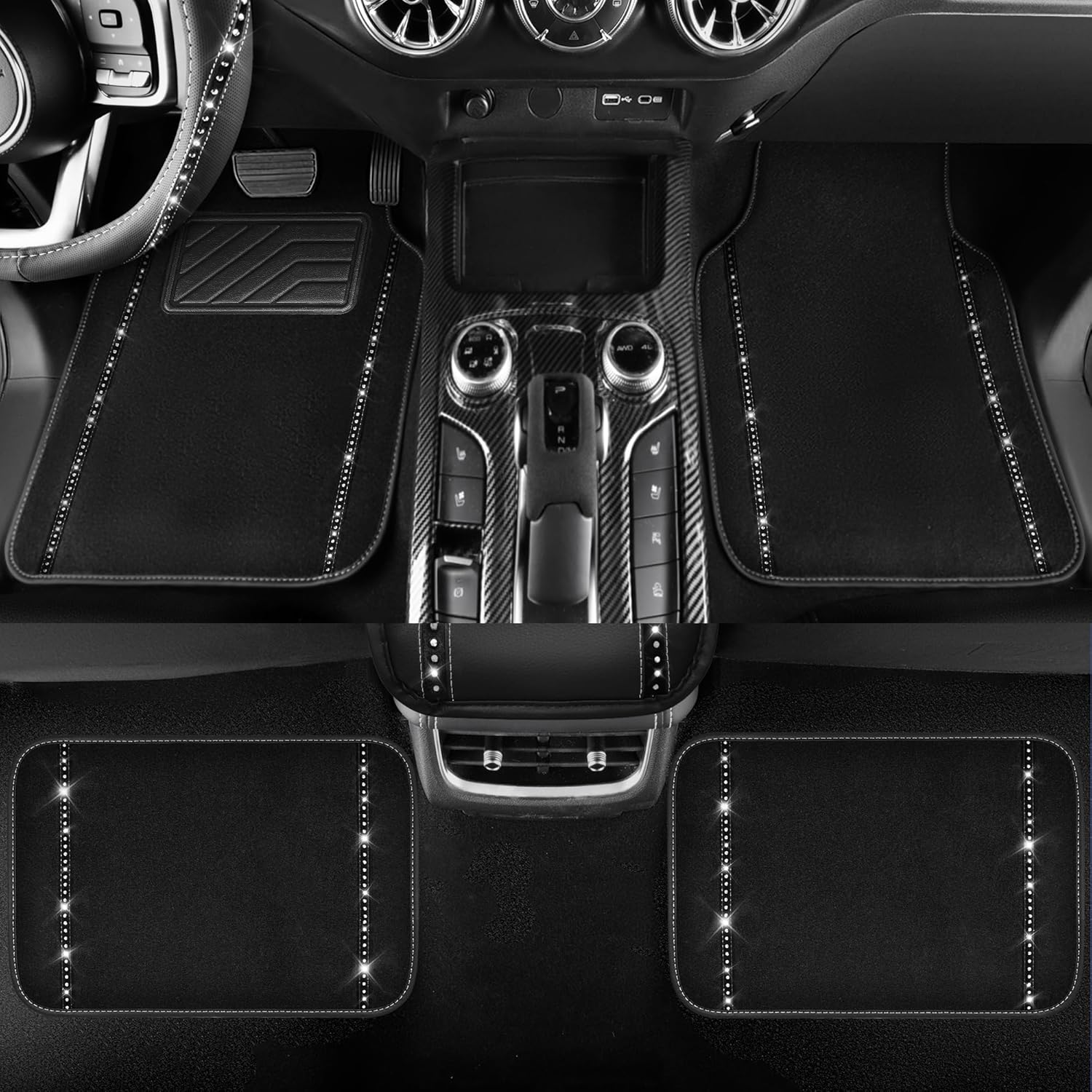 CAR PASS 14 PCS Bling Diamond Car Accessories Set for Women, Leather Seat Covers Front Seats Sparkly Rhinestone 15'' Steering Wheel Covers Shining Diamond Car Floor Mats Cute Interior Sets, Silver - Image 4