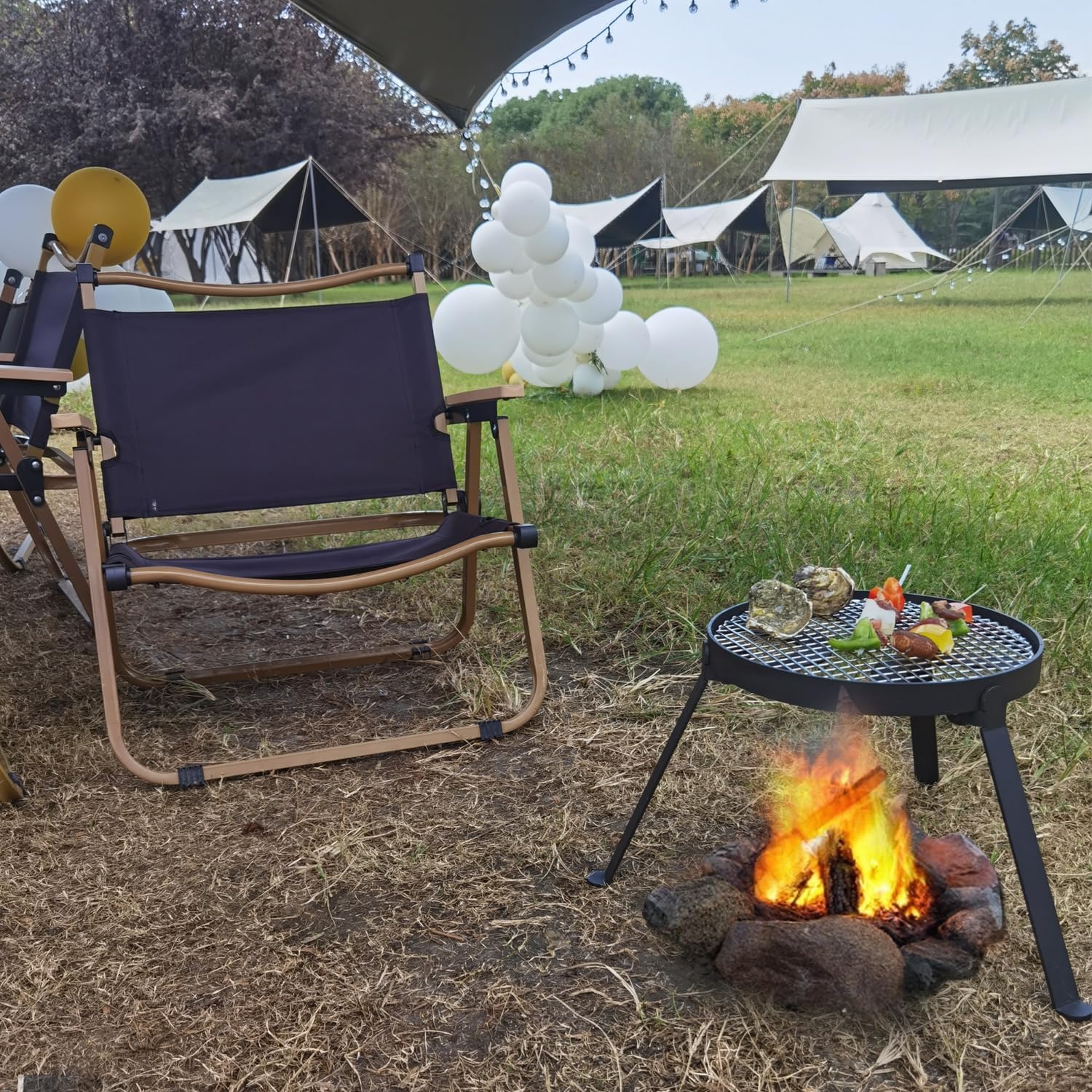 YBTMG Folding Campfire Tripod with 304 Stainless Steel Grill, Heavy Duty Cast Iron Camping Stand for Cooking Dutch Oven for BBQ Picnic Hiking Fishing Travel