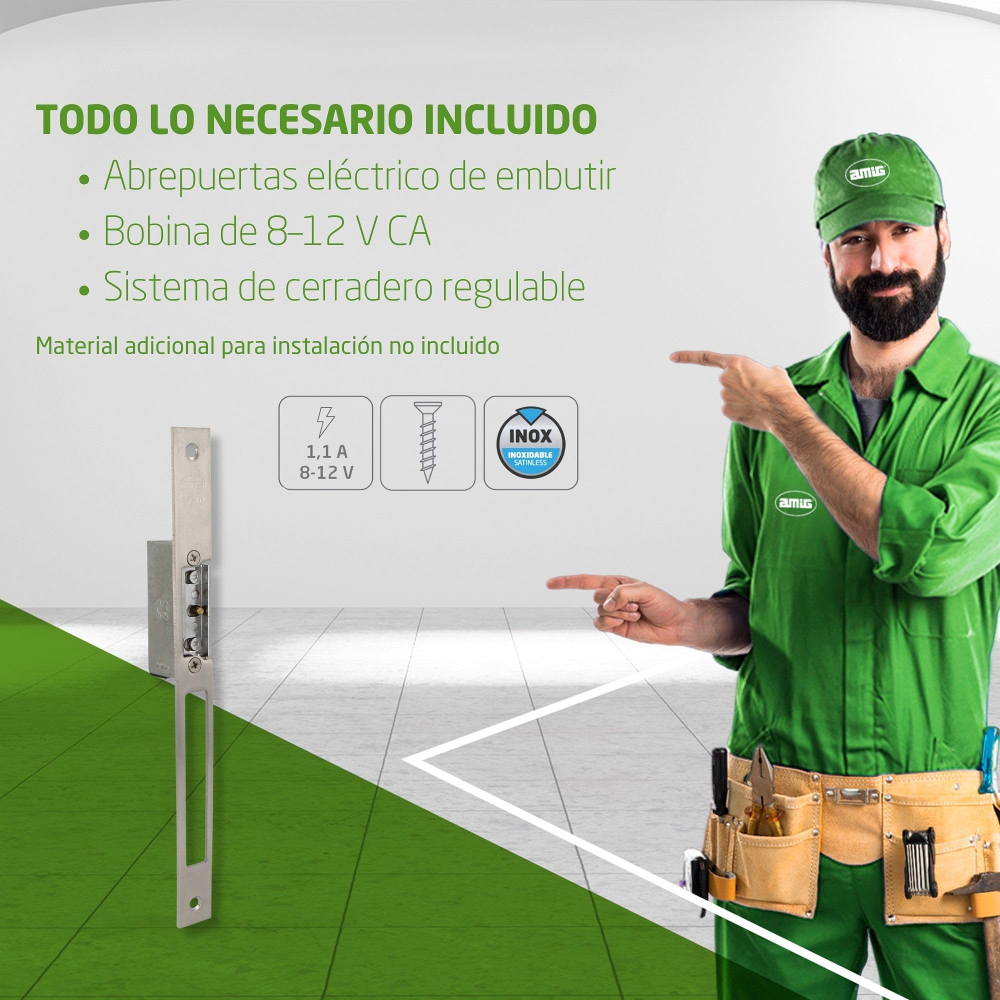 Amig - Abrepuertas Eléctrico de Embutir para Puertas - Mod.51-250 x 22 x 3 mm - Amperaje: 1,1 A - Incluye Bobina de 8-12 V de Corriente Alterna - Cerradero para Portales, Tiendas u Oficinas