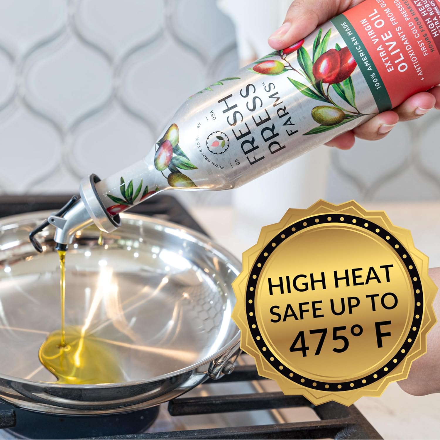 Fresh Press Farms Cold Pressed High Heat Extra Virgin Olive Oil for Pan Frying and Grilling, 16.4 Fl Oz (Pack of 2), Georgia Grown, 100% American Made, Unrefined, Certified Whole30, Non-GMO, Keto, Paleo, Gluten Free
