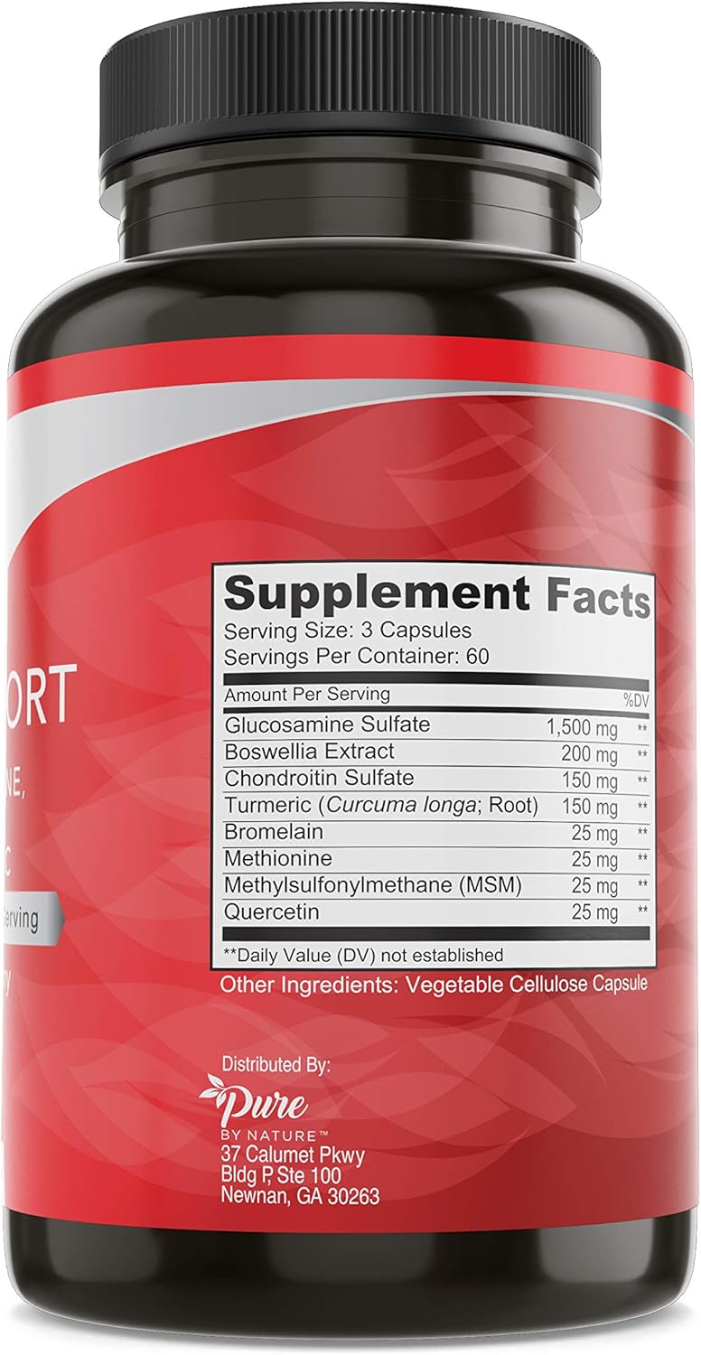 Pure By Nature Joint Support, Glucosamine with Chondroitin Turmeric MSM Boswellia Supplement, 180 Capsules