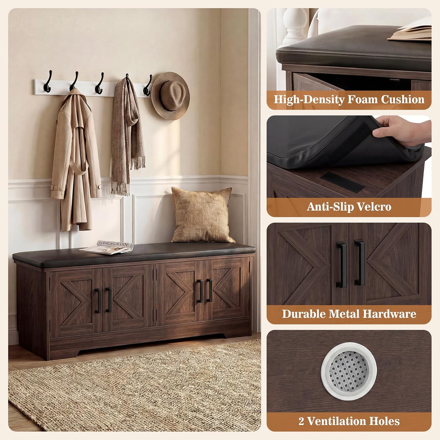 Armocity 43.3" Farmhouse Shoe Storage Bench with Cushion for Entryway