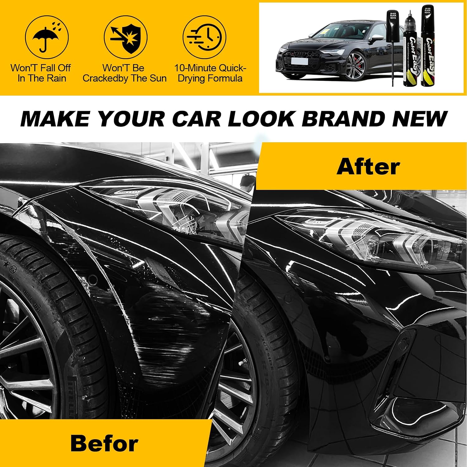 Touch Up Paint for Cars 2-in-1 Scratch Repair Pen Quick-Dry, Seamless Color Match, Automotive Scratch Remover Kit for Flawless Coverage (Black)