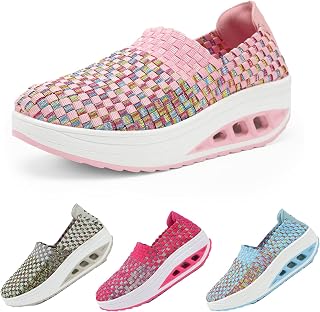 Women's Woven Air Cushion Orthopedic Sneakers,Fashion Wedge Platform Slip on Loafer Walking Shoes with Arch Support,Comfortable Casual Stretch Toning Rocker Shoes