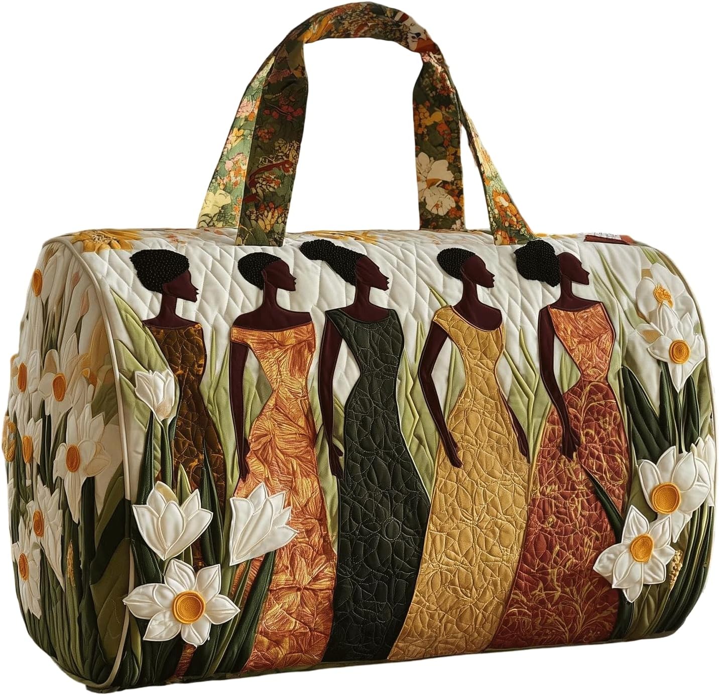 Quilted Floral Print Duffle Bag, 20-35L Polyester Travel Gym Yoga Bag with Handles, Lightweight Breathable Weekender Bag for Women (13, 18"x9"x9")