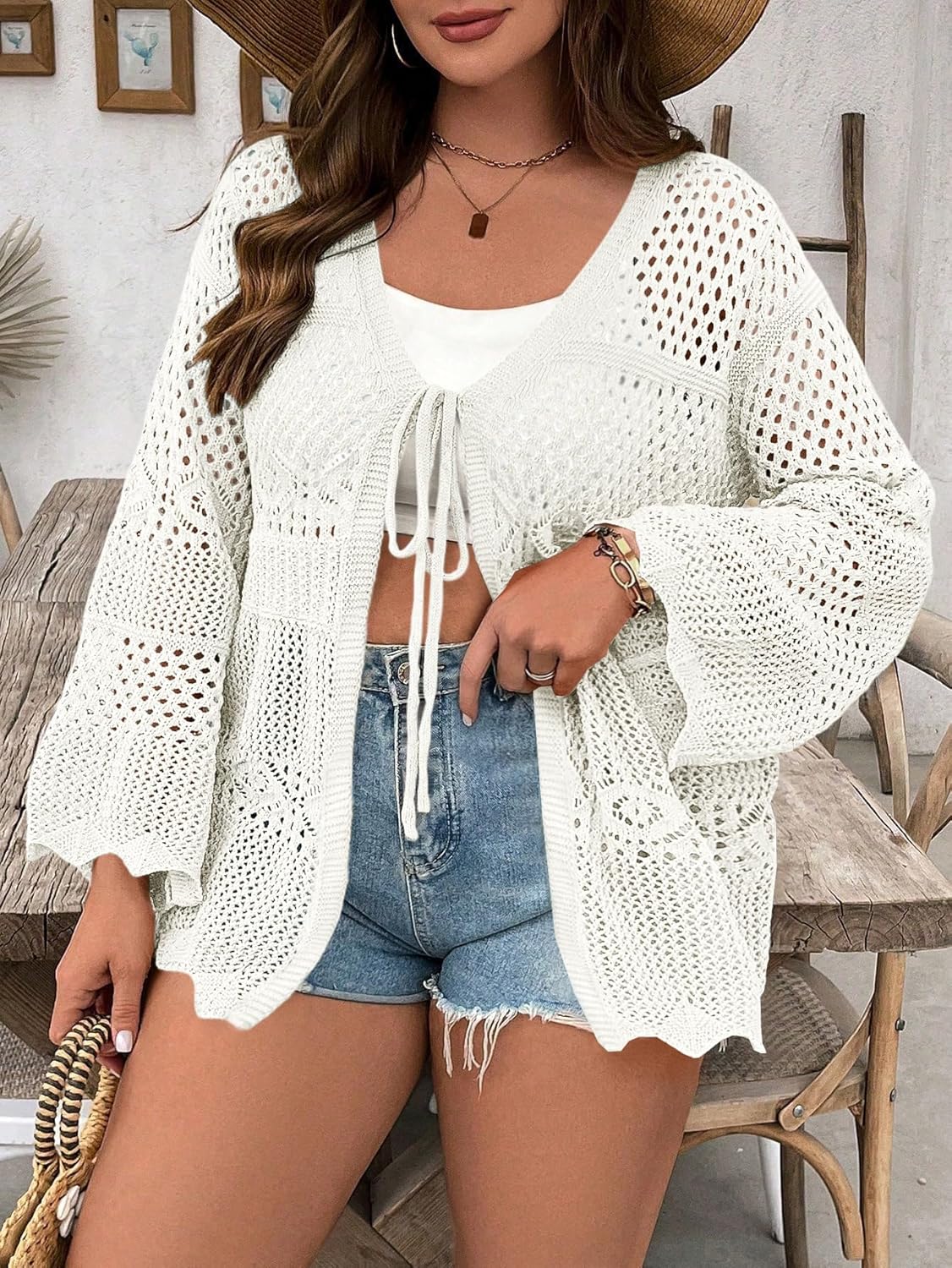 Women's Plus Size Lightweight Cardigans Tie Front Summer Crochet Long Sleeves Hollow Out Thin Cardigan - Image 2