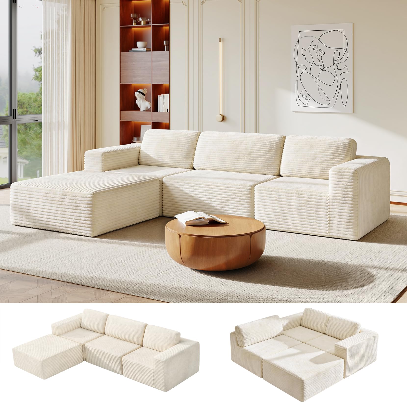 Vesgantti 303 cm Groß Modulares Ecksofa mit Schlaffunktion, Cordsofa mit Federkern, Extra Tiefe Sitzfläche, Boneless Schlafcouch, Für Wohnzimmer, Ohne Montage