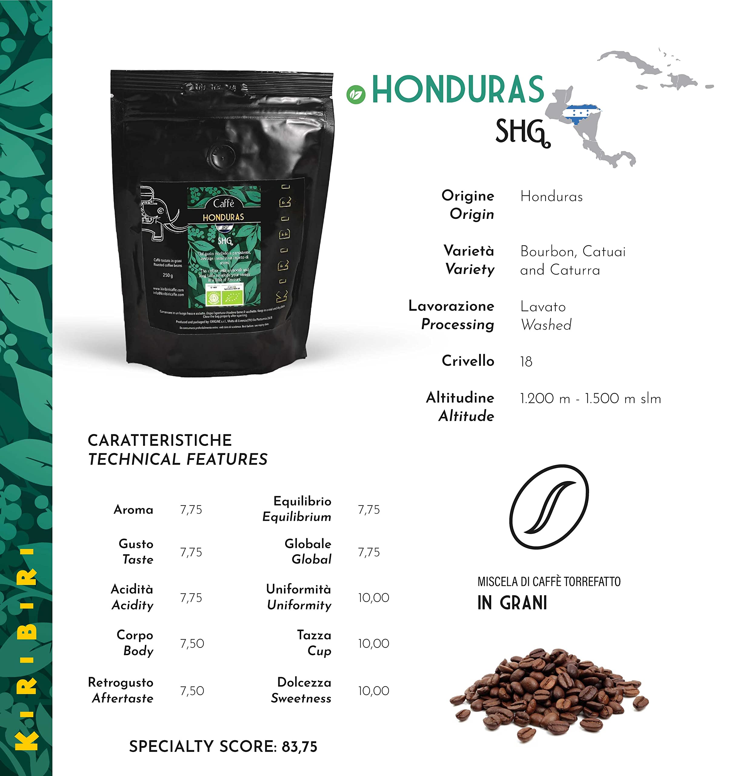KIRIBIRI Café Especial de Origen 100% Arábica - Brasil, Guatemala, Honduras Orgánico, Kenia (4 x 250g Café en granos)