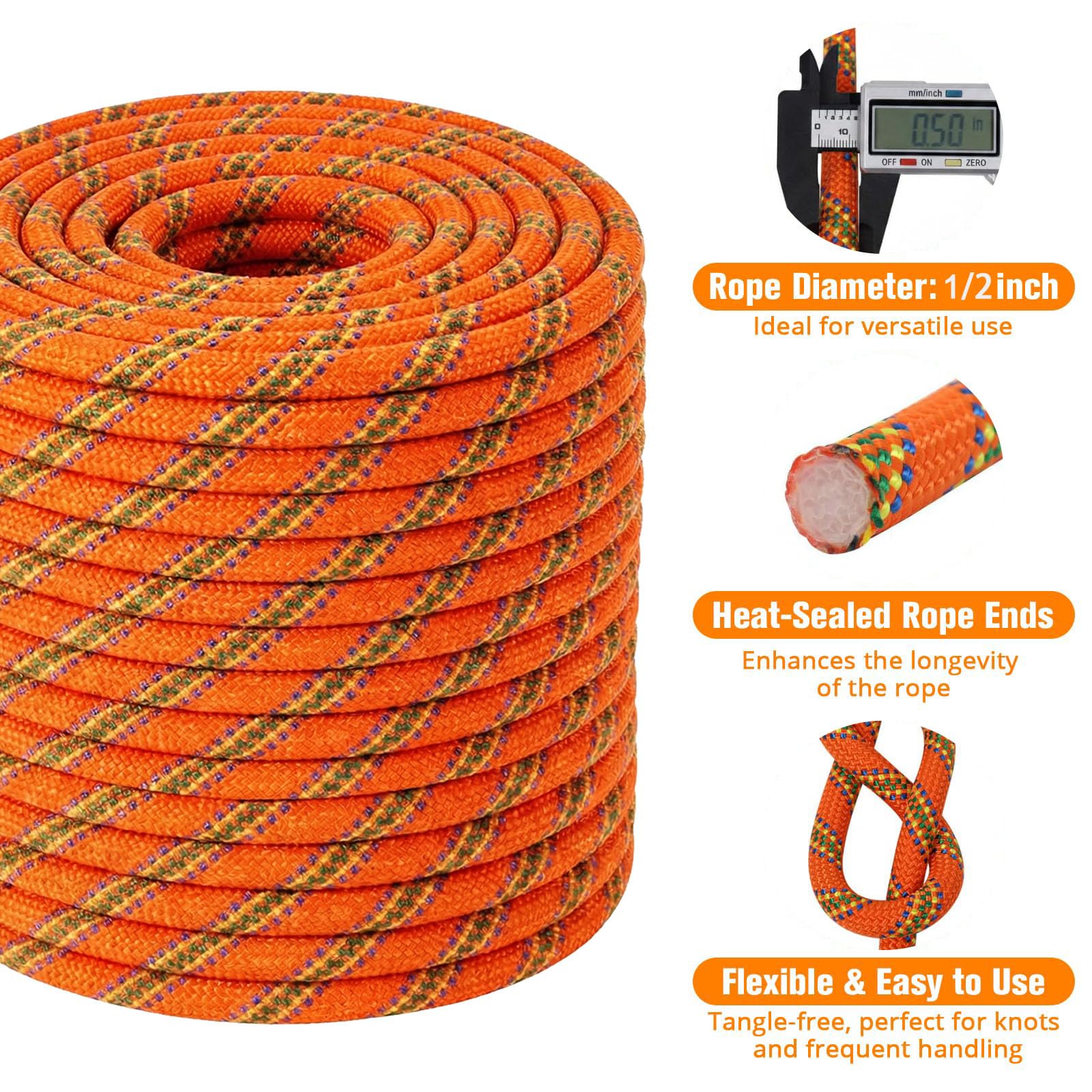 Cuerda de arborista trenzada doble, cuerda de poliéster de 1/2 pulgada x 100 pies, cuerda de escalada de alta resistencia para adultos y niños, trabajo en árboles, driza, vela (naranja)