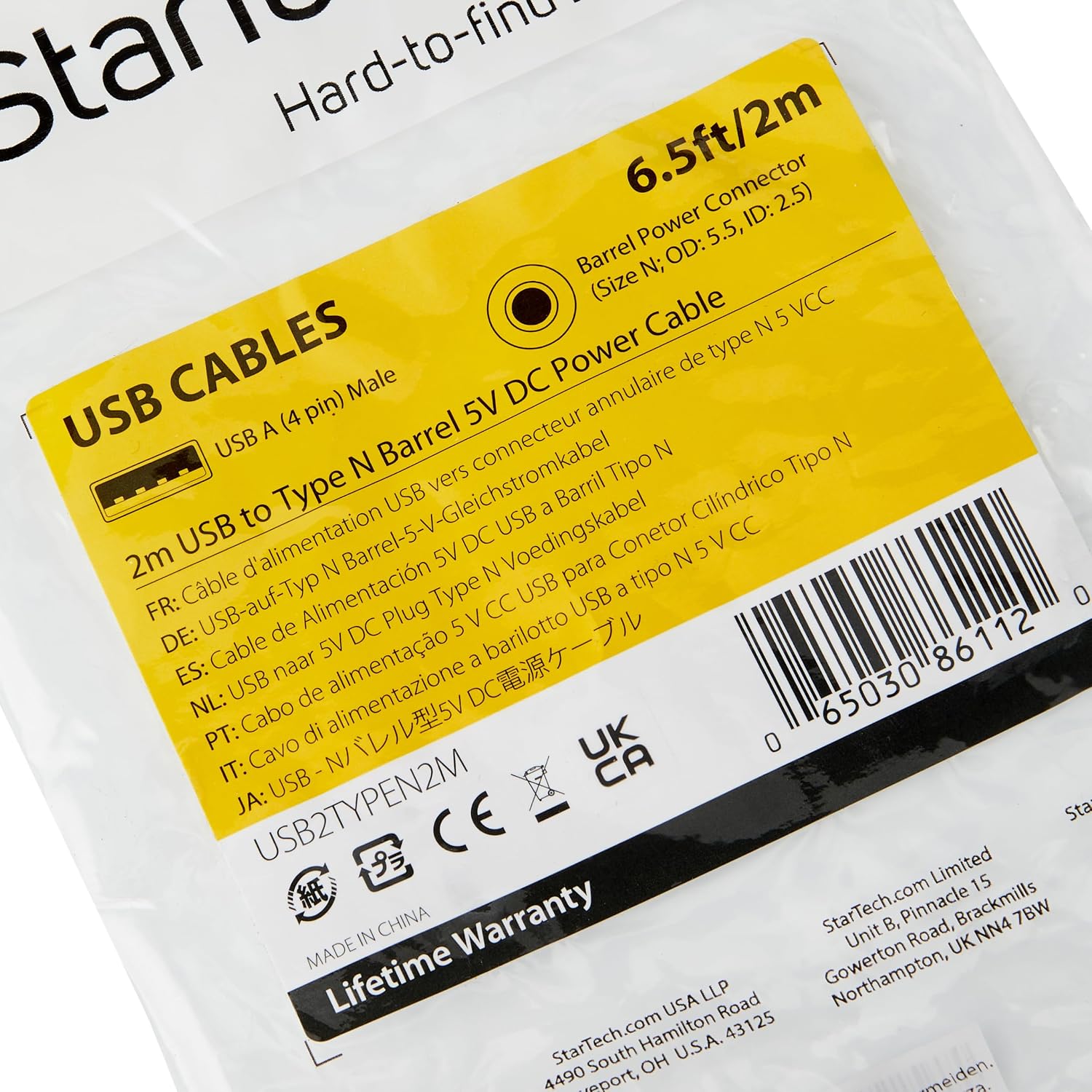 StarTech.com 2m USB to Type N Barrel Cable - USB to 5.5mm 5V DC Power Cable - USB to DC Power - 2 meter (USB2TYPEN2M)
