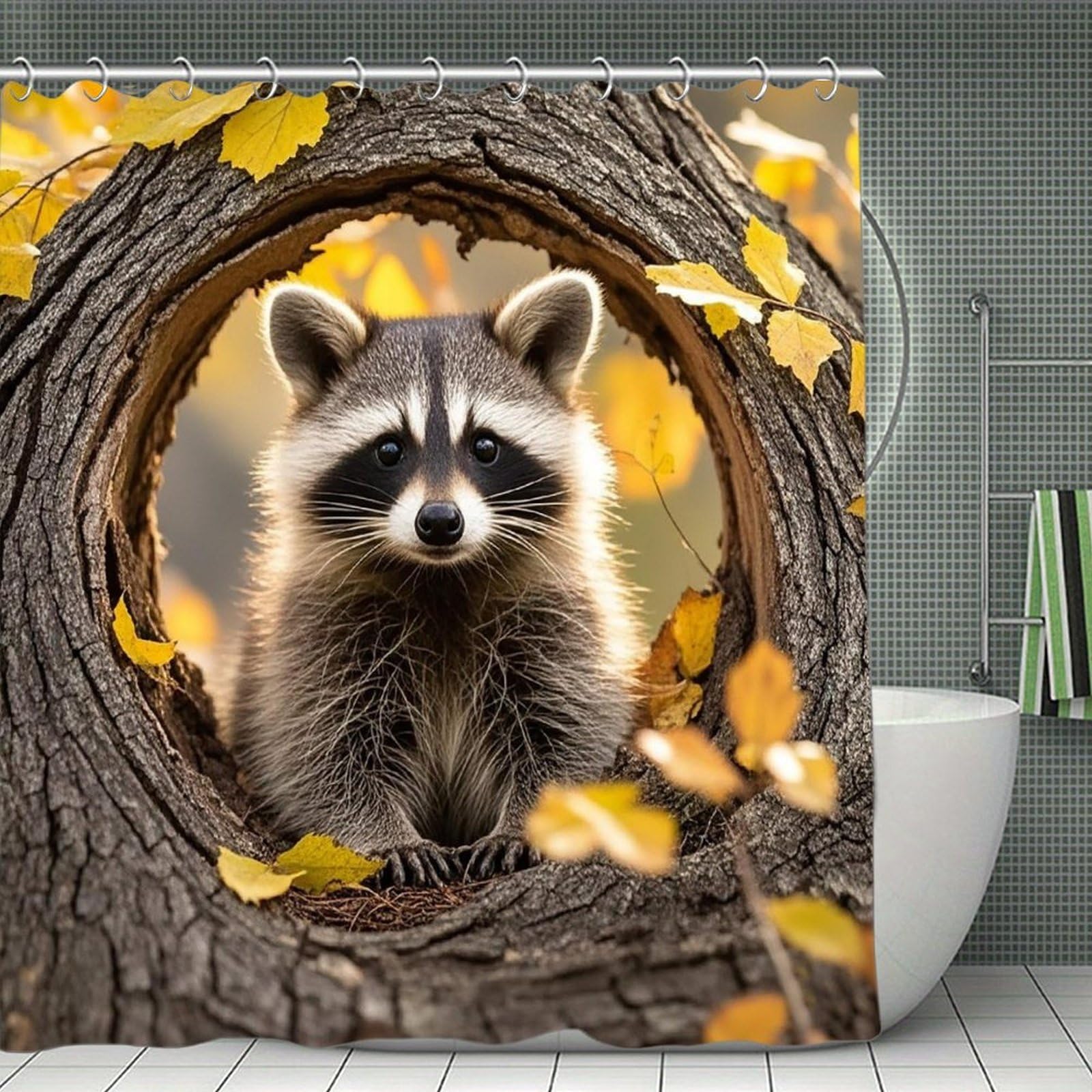 FekiLoot Raccoon in The Fall Tree Hole Shower Curtain Minimalist Thick Bathroom Curtain Washable Modern Bathroom Shower Curtain Heavy Duty Waterproof Cloth Bath Curtain with Hooks 70.8"x70.8"