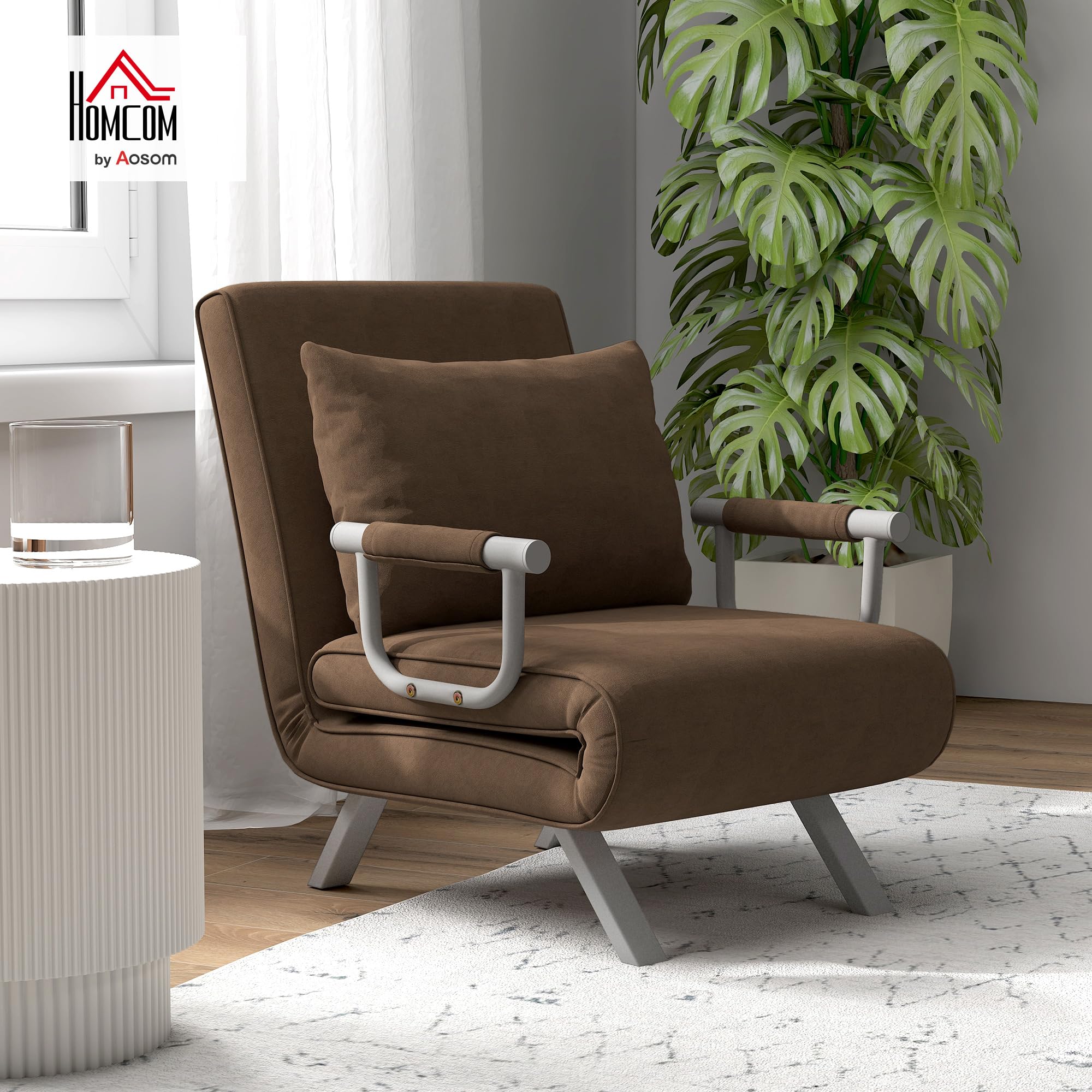 HOMCOM Fauteuil chauffeuse canapé-lit Convertible 1 Place déhoussable Grand Confort Coussin Pieds accoudoirs métal suède Marron