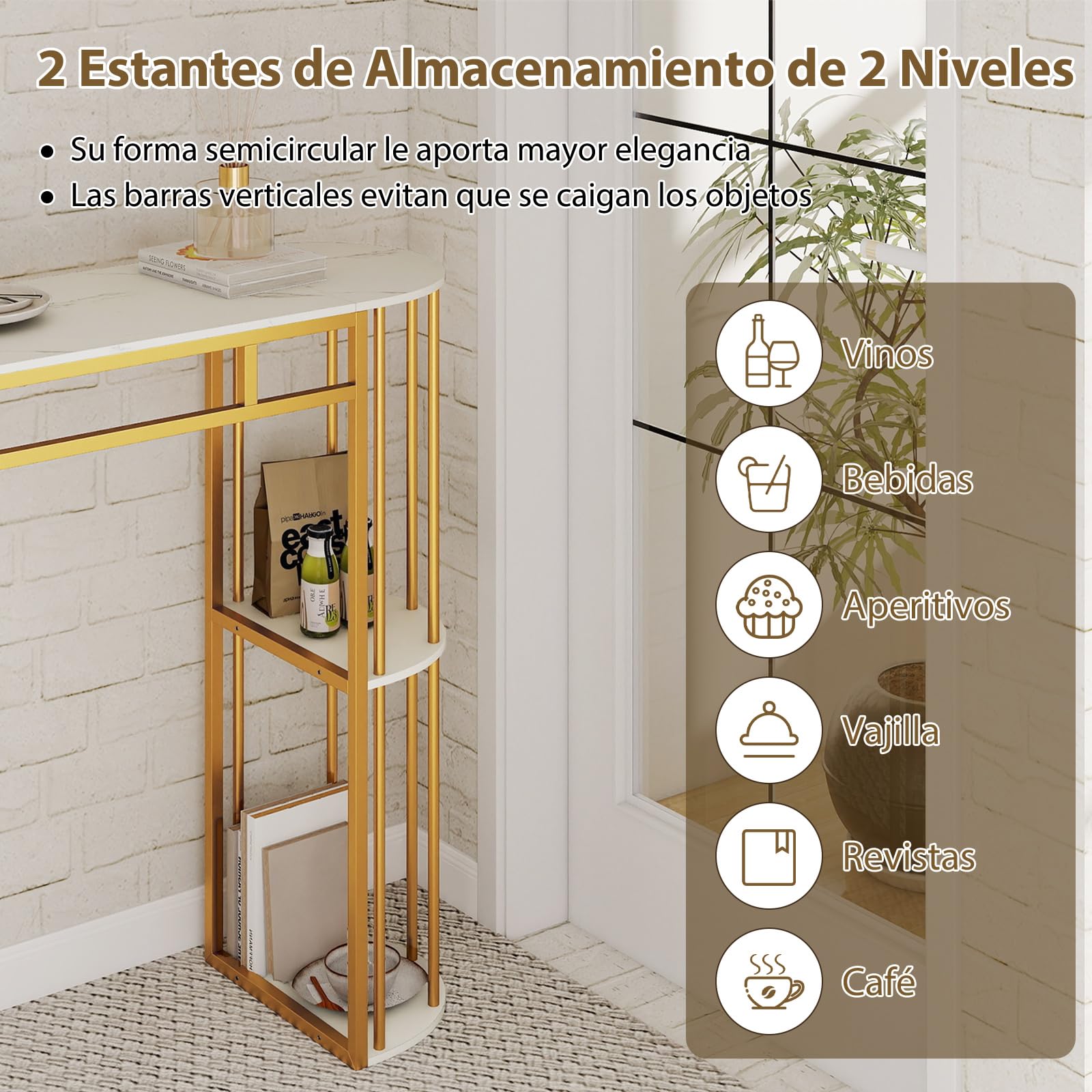 COSTWAY Mesa Alta de Cocina, Mesa Alta de Bar Rectangular con Estantes de Almacenamiento, Estructura Metálica, Encimera Efecto Mármol, Barra Estrecha para Cocina, Bar, 150x40x105 cm (Dorado y Blanco)