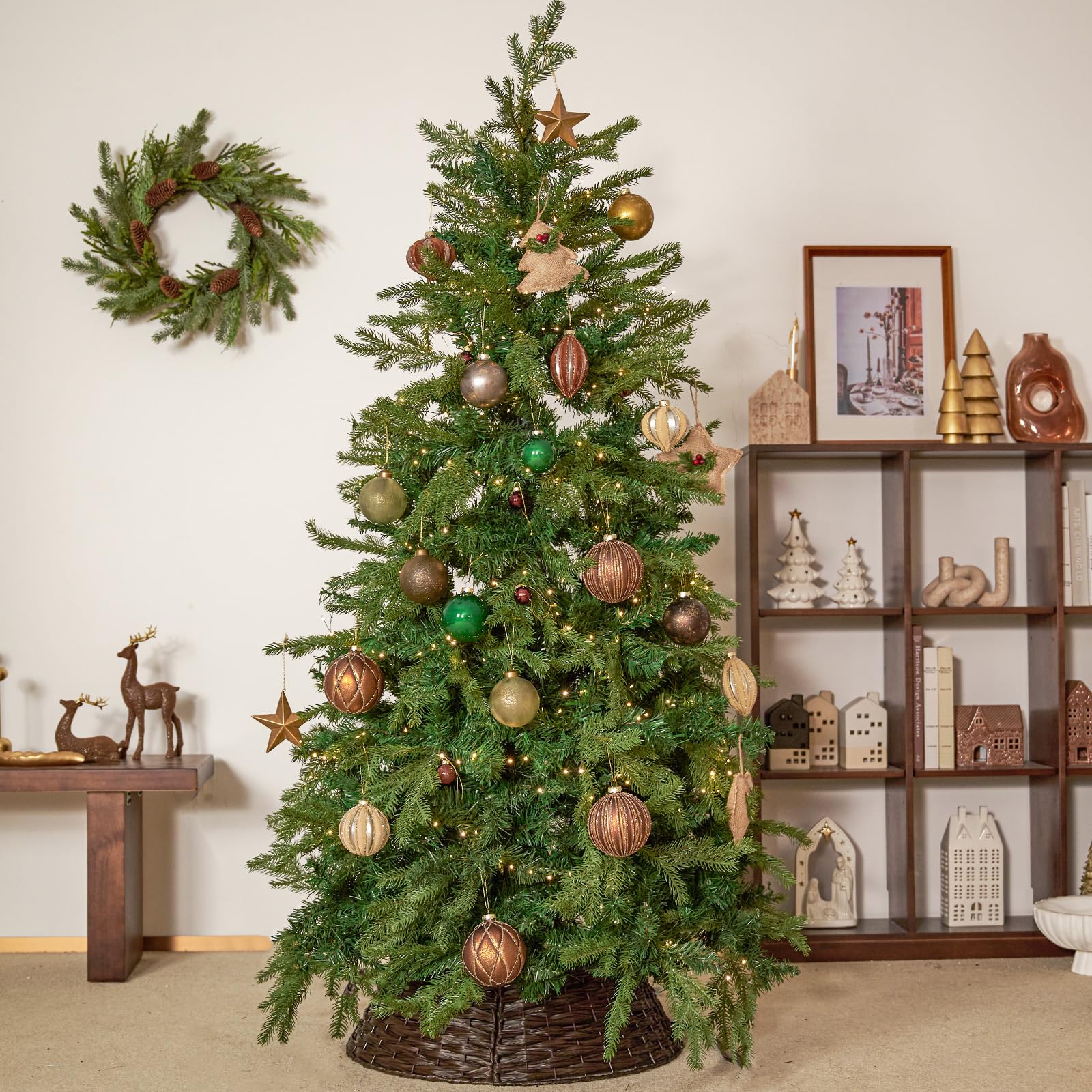 DN DECONATION Lot de 6 décorations de sapin de Noël - En bois doré - Pendentif étoile 3D - Décoration pour sapin de Noël - Couronne de table - Décoration intérieure - Décoration de mariage d'hiver
