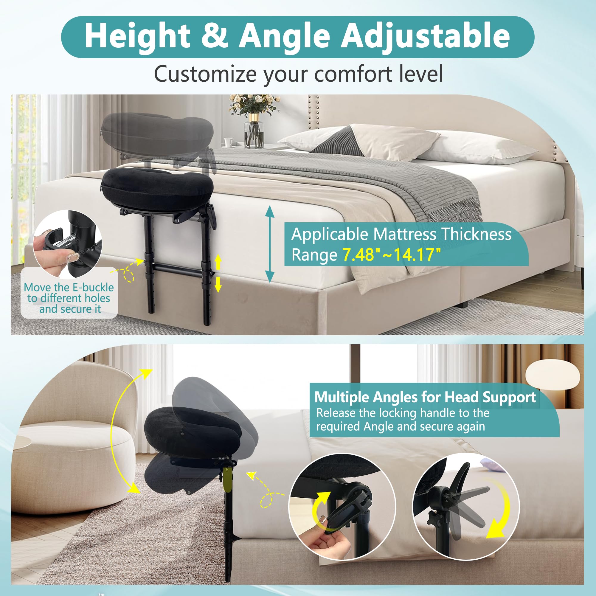 Kit de masaje para la parte superior del colchón, almohada facial para reposacabezas de masaje para colchón de cama, soporte para cabezal de masaje de cama, accesorio de masaje ajustable para colchón 3
