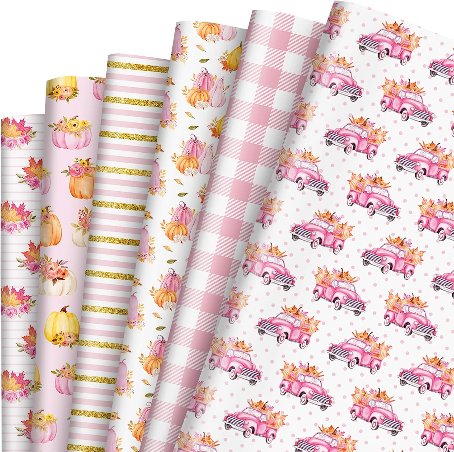 Whaline 12 Sheet Fall Wrapping Paper -Not Roll- Pink Truck Pumpkin Plaid Maple Leaf Gift Wrap Paper Bulk Autumn Harvest Art Paper for DIY Crafts, 19.7 x 27.6 Inch, Folded Flat
