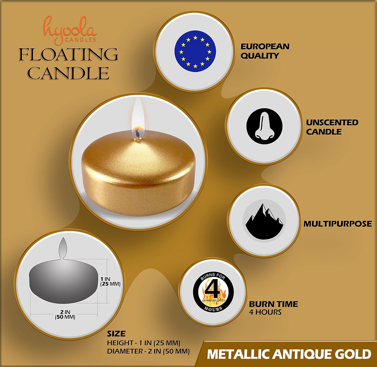 Hyoola Premium Metallic Antique Gold Floating Candles 2 Inch - 4 Hour Burn Time - Made in Europe - 10 Pack