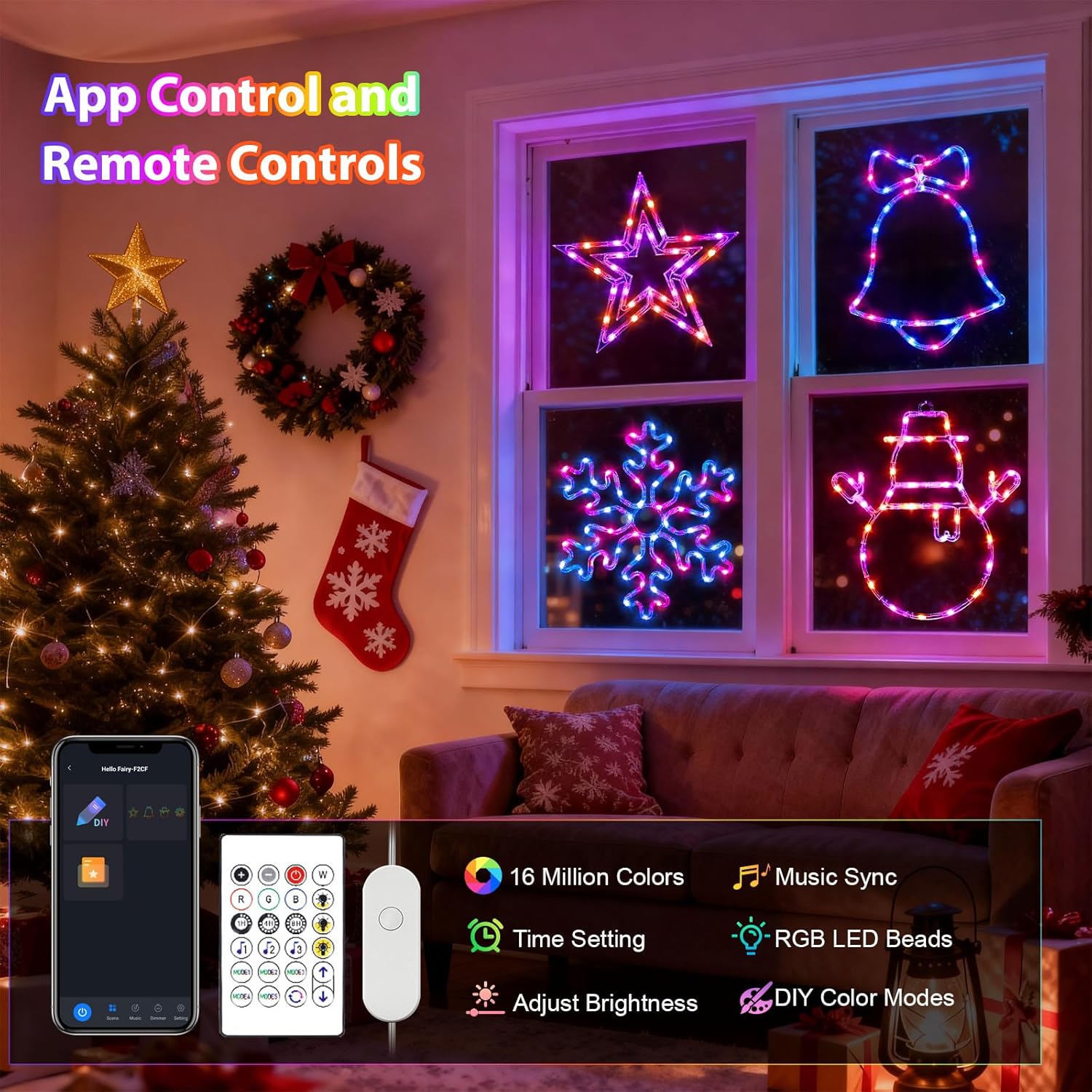 4 Pack Christmas Window Silhouette Lights, Smart Christmas Decorations Colour Light Gift, APP Control Snowman, Snowflake, Bell, Five Pointed Star for Holiday Indoor and Outdoor Wall Window Decorate