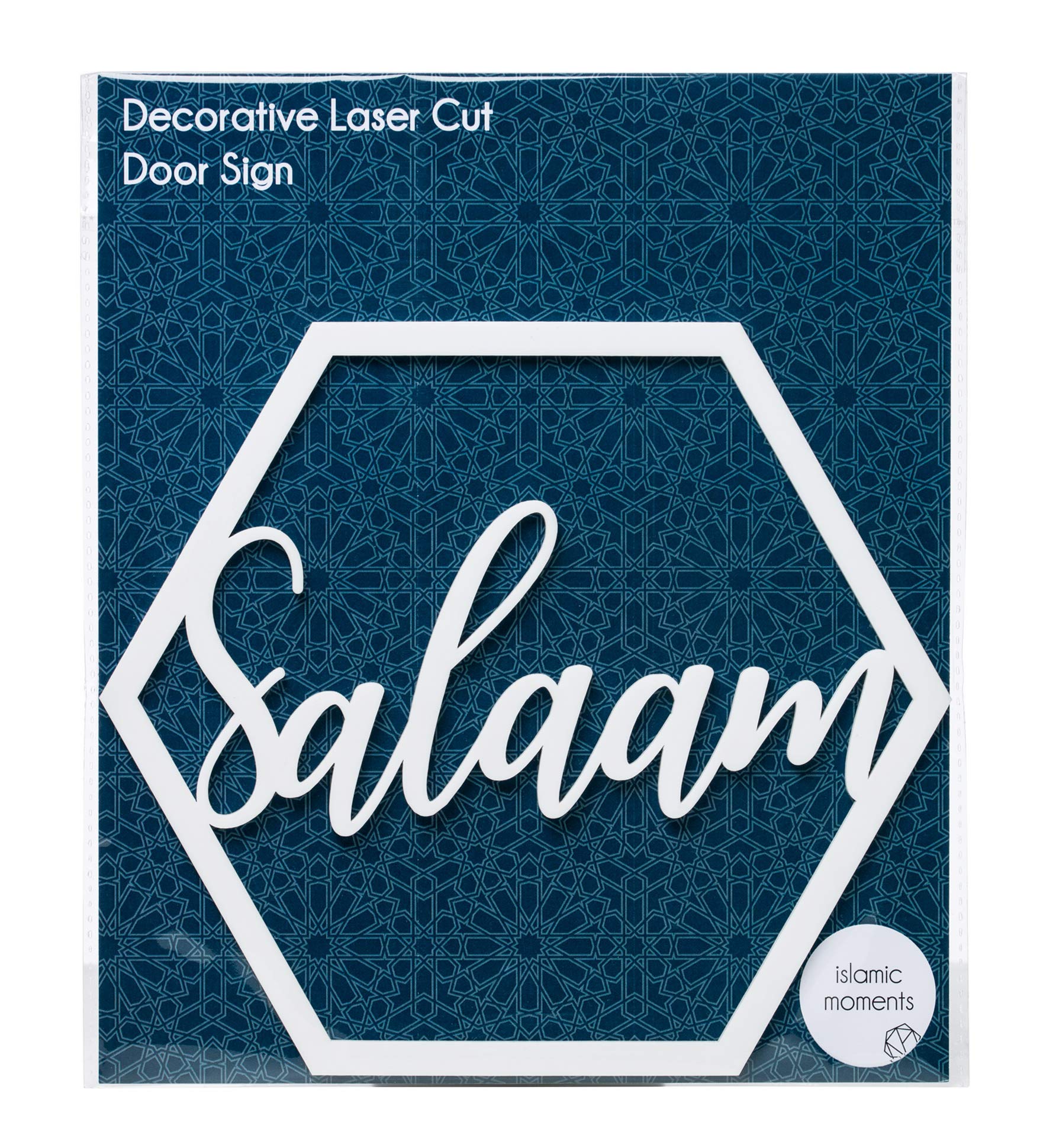 Islamic Moments - Laser Cut Hanging Door Sign - Salaam - 25cm Height - 22cm Width - 3mm White Acrylic