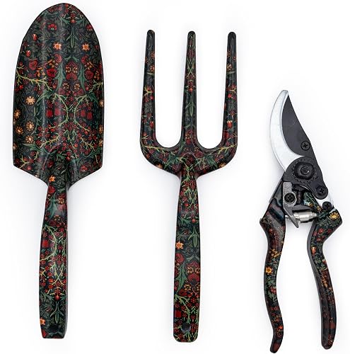 William Morris Garden Tool Set – Blackthorn Print – Includes Hand Fork, Trowel & Secateurs – Ergonomic, Lightweight & Stylish for Gardeners