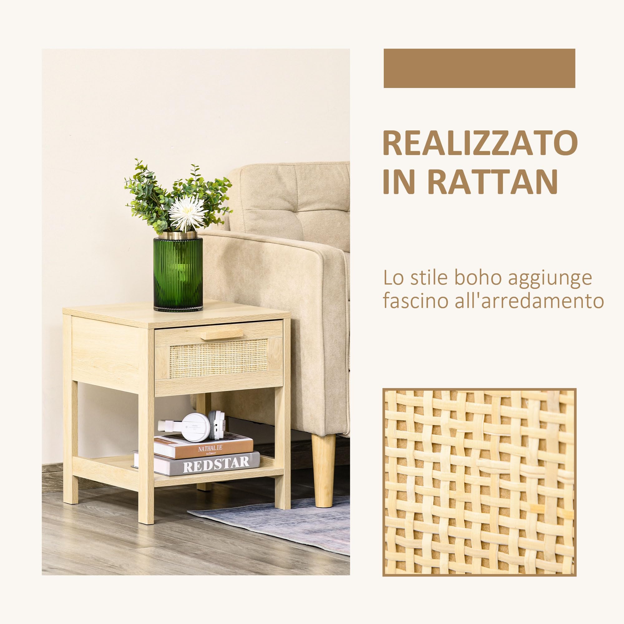 HOMCOM Comodino Moderno in MDF, Comodino con Cassetto e Ripiano Inferiore Portaoggetti, 40x40x48 cm, color Legno