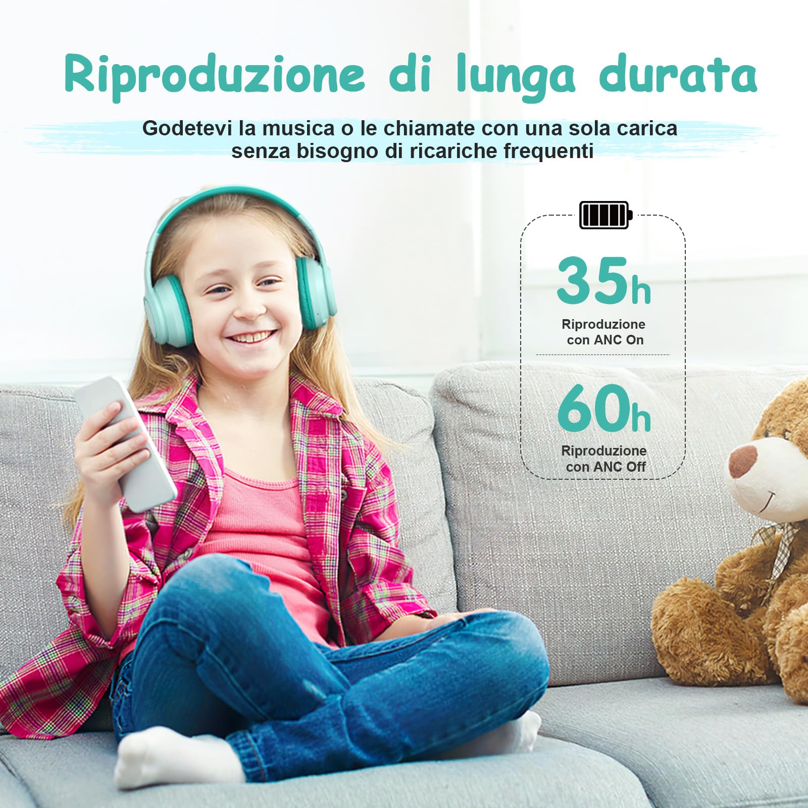 TONOSHARK Cuffie Bambini ANC, 60h Autonomia, Bluetooth Senza Fili Over-Ear con Microfono– Ideali per Casa/Scuola/Viaggi/Feste Custodia Inclusa (blu-verde)