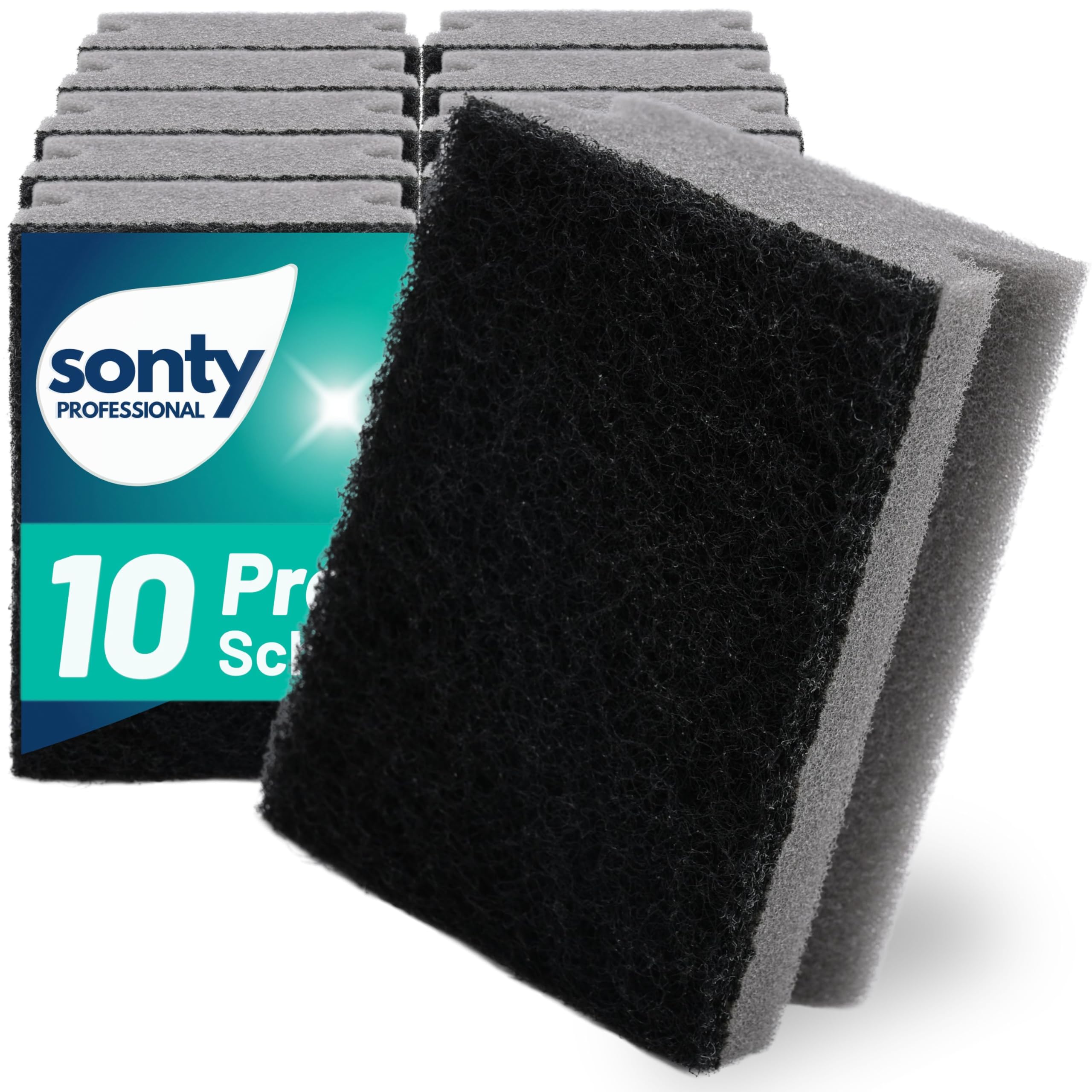 SONTY Dishwashing Sponge Grey / Black - 10 x Professional Sponge Kitchen Sponge with Abrasive - Scourer Cleaning Sponge Kitchen Against Stubborn Dirt (9 x 7 x 4 cm - 10 Sponges)