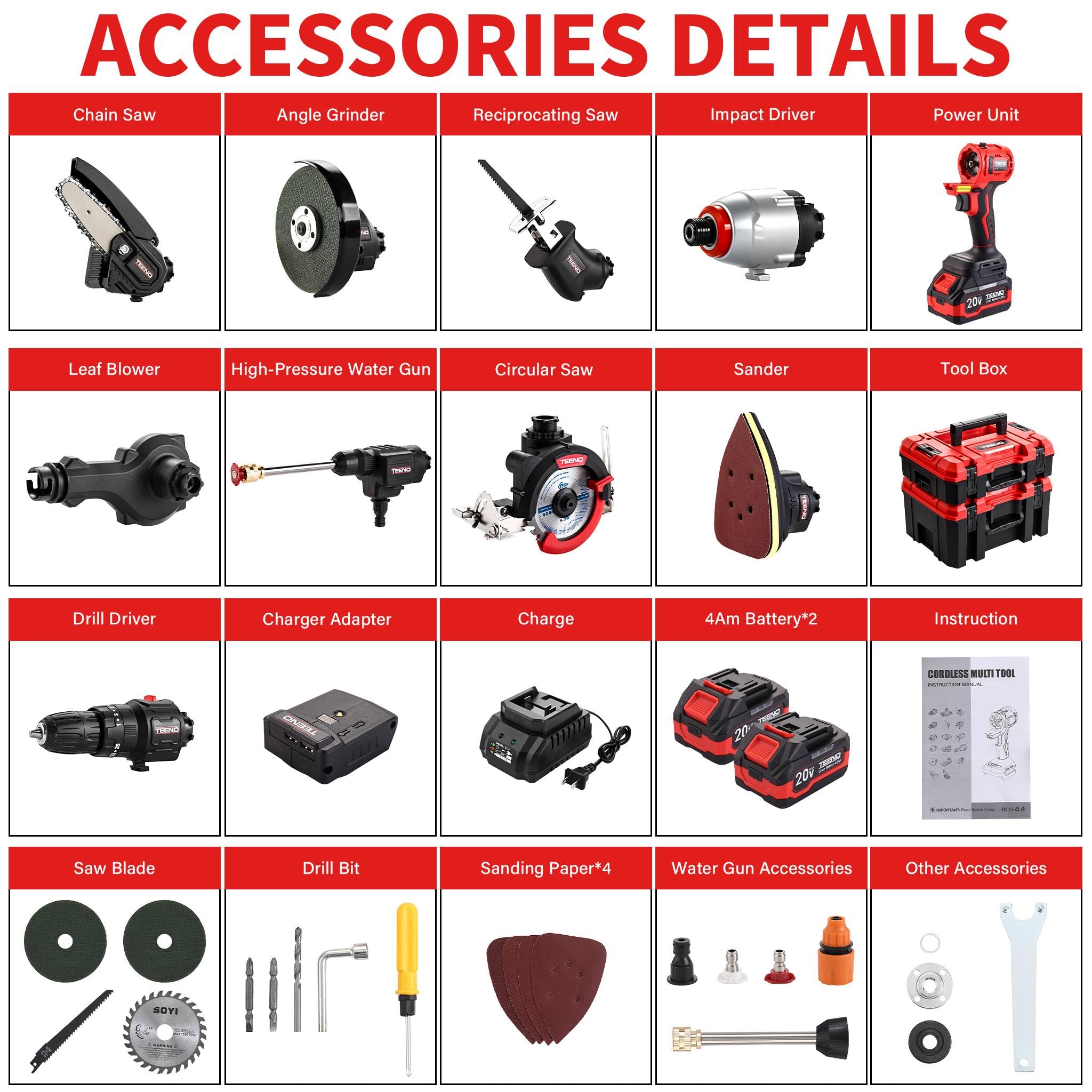 Kit combinato di utensili elettrici 20V, set di 10 utensili elettrici a batteria con 2 batterie, caricabatterie e cassetta degli attrezzi inclusi, kit combinato senza spazzole per il fai da te