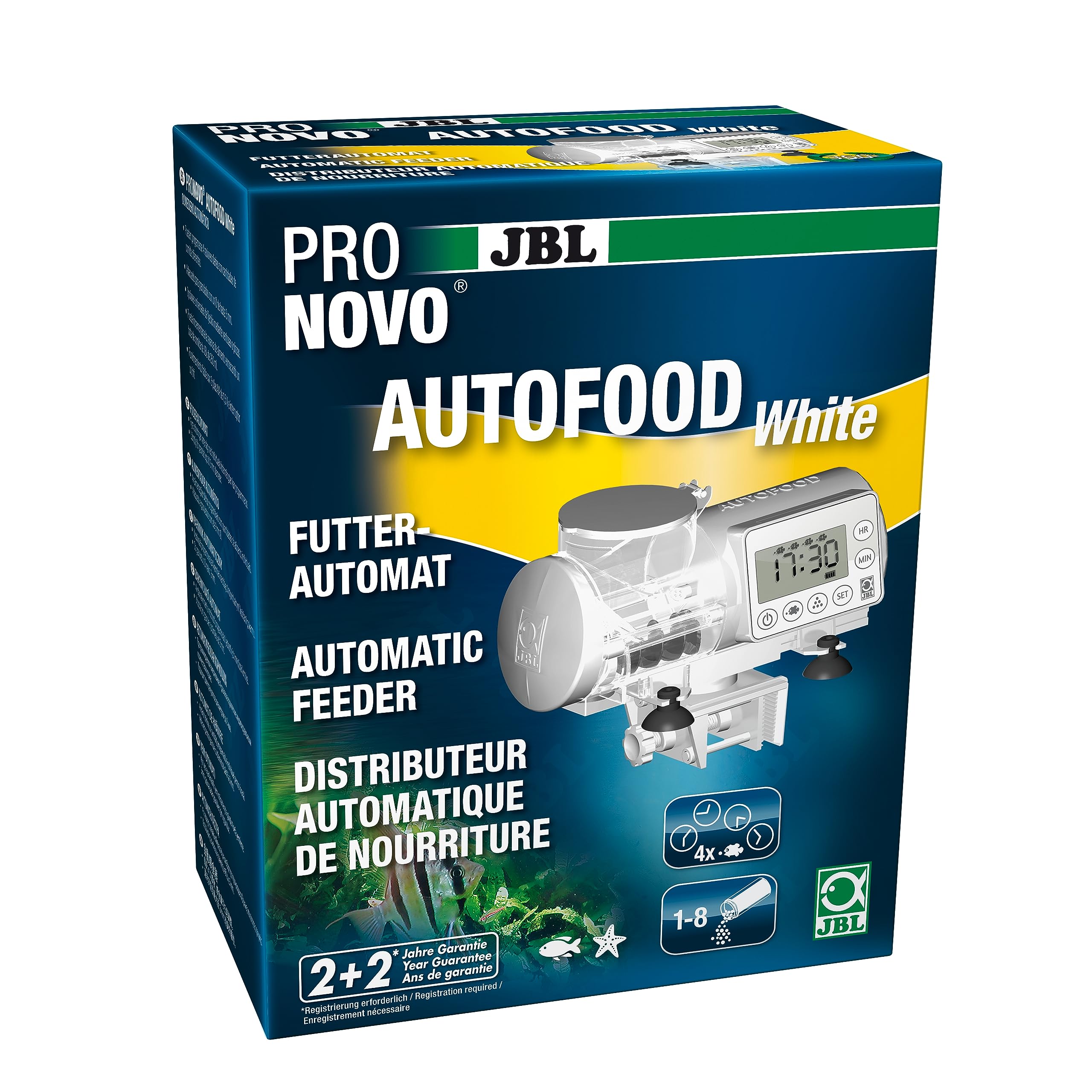 JBL PRONOVO AUTOFOOD - Comedero automático para acuario, alimentación con gránulos de pienso para peces hasta 4 veces al día, incluye soporte y anillo adaptador para ampliar el volumen a 375 ml, color