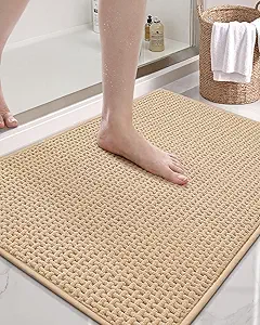 Color&Geometry Ultra Soft Chenille Bathroom Rugs Non Slip Rubber Backing, Machine Washable, Super Absorbent Floor Mat for Bathroom, Bathtub & Shower, Quick Dry Beige Bath Mat, Standard Sized,17"x29.5"