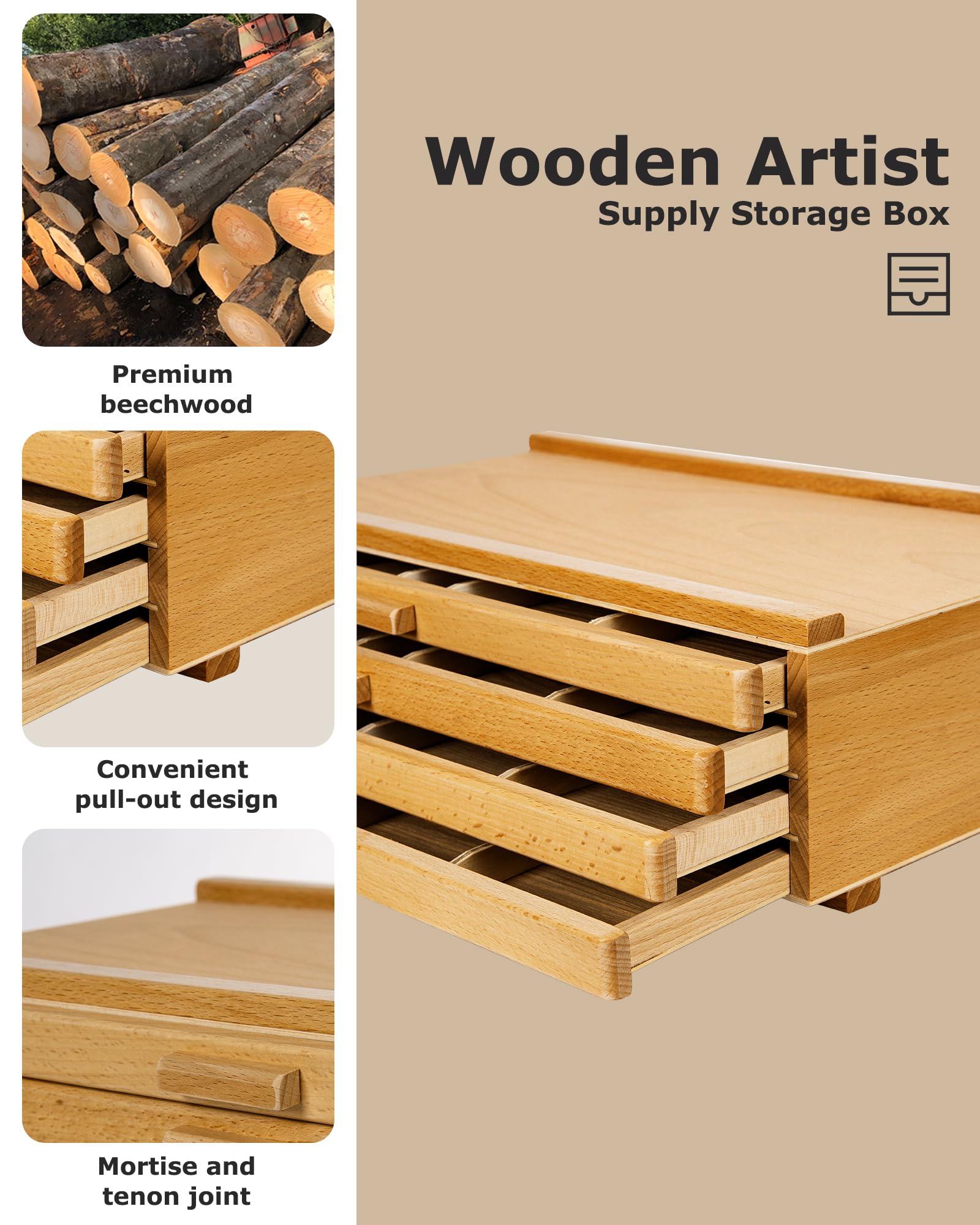 DJAR Boîte de Rangement à 4 Tiroirs pour Matériel d'Art, Organisateur de Bureau en Bois de Hêtre pour Pastels, Pinceaux, Crayons, Tiroirs Amovibles, Naturel