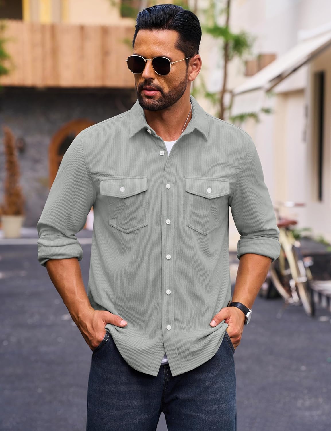Cotrasen Men's Corduroy Shirt Jacket Button Down Long Sleeve Ribbed Shacket Lightweight Overshirt with Flap Pockets - Image 2