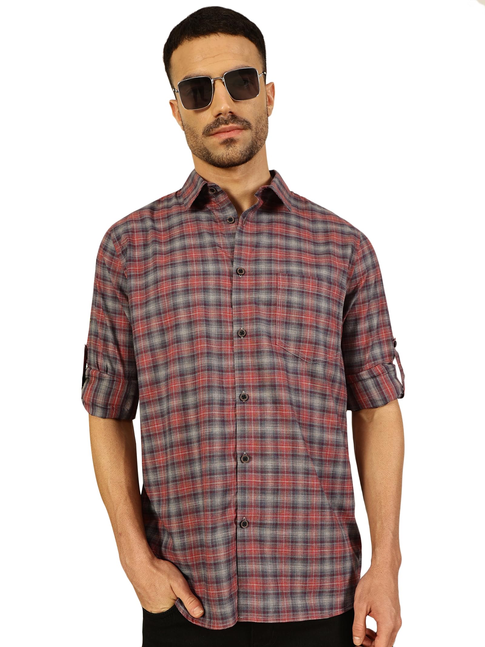 thomas scott Men's | Checks | Roll-Up Sleeves | Slim Fit | 100% Cotton | Single Pocket | Spread Collar | Casual Shirt-picture-26