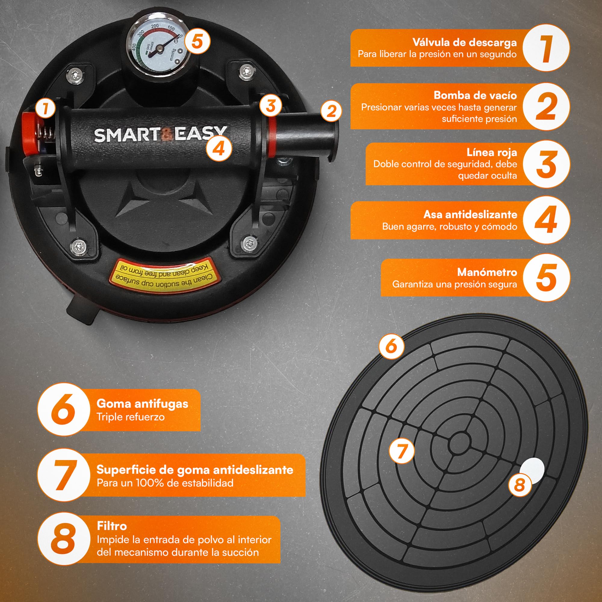 SMART&EASY Set 2 Ventosas para Azulejos con Manómetro 200 kg Succión 200 mm Diámetro Maletín Compacto