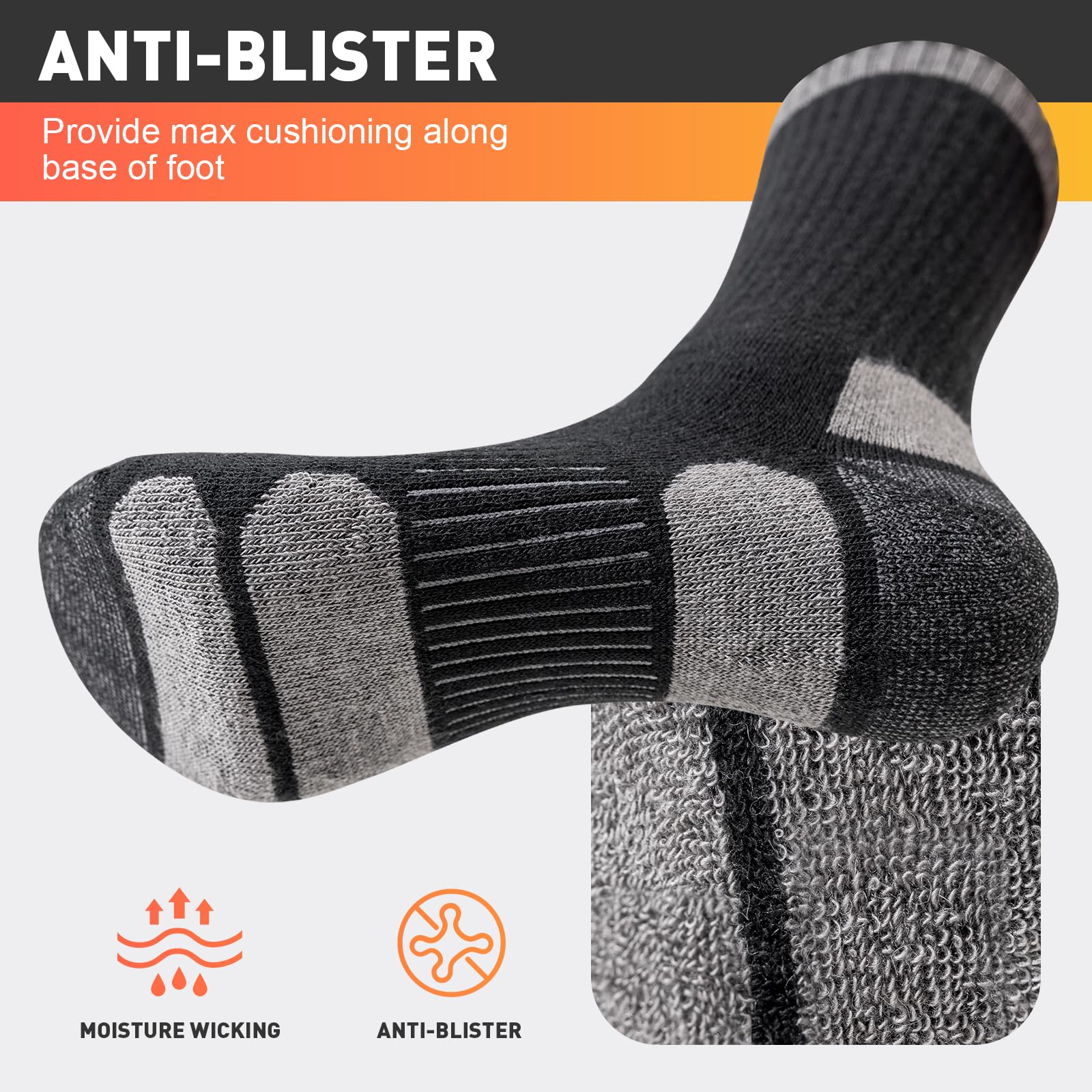 Niorasen Merino Wool Hiking Socks for Men & Women, Thick Cushioned Walking Socks, Seamless & Breathable Anti-Blister Crew Socks for Sports, Running, Outdoor, Work, Cycling, Trekking,3 Pairs Unisex — view 3
