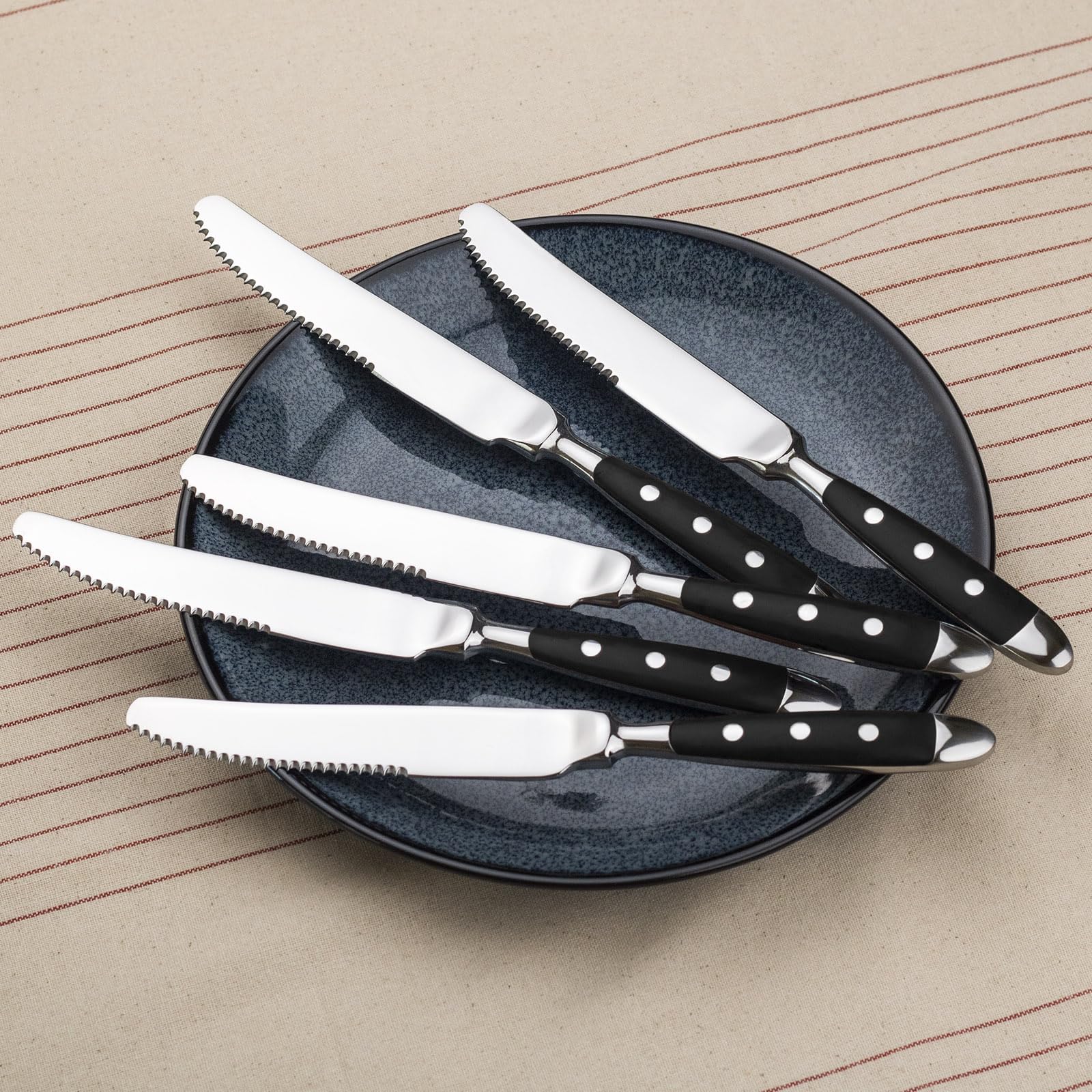 Alata Steakmesser Set 6 Stück,Küchen Steakbesteck Messer set,Scharfe Pizzamesser, Schwarzen Griffen,Edelstahl poliert,Wellenschliff,für Haushalte das Esszimmer, Serie Berlin