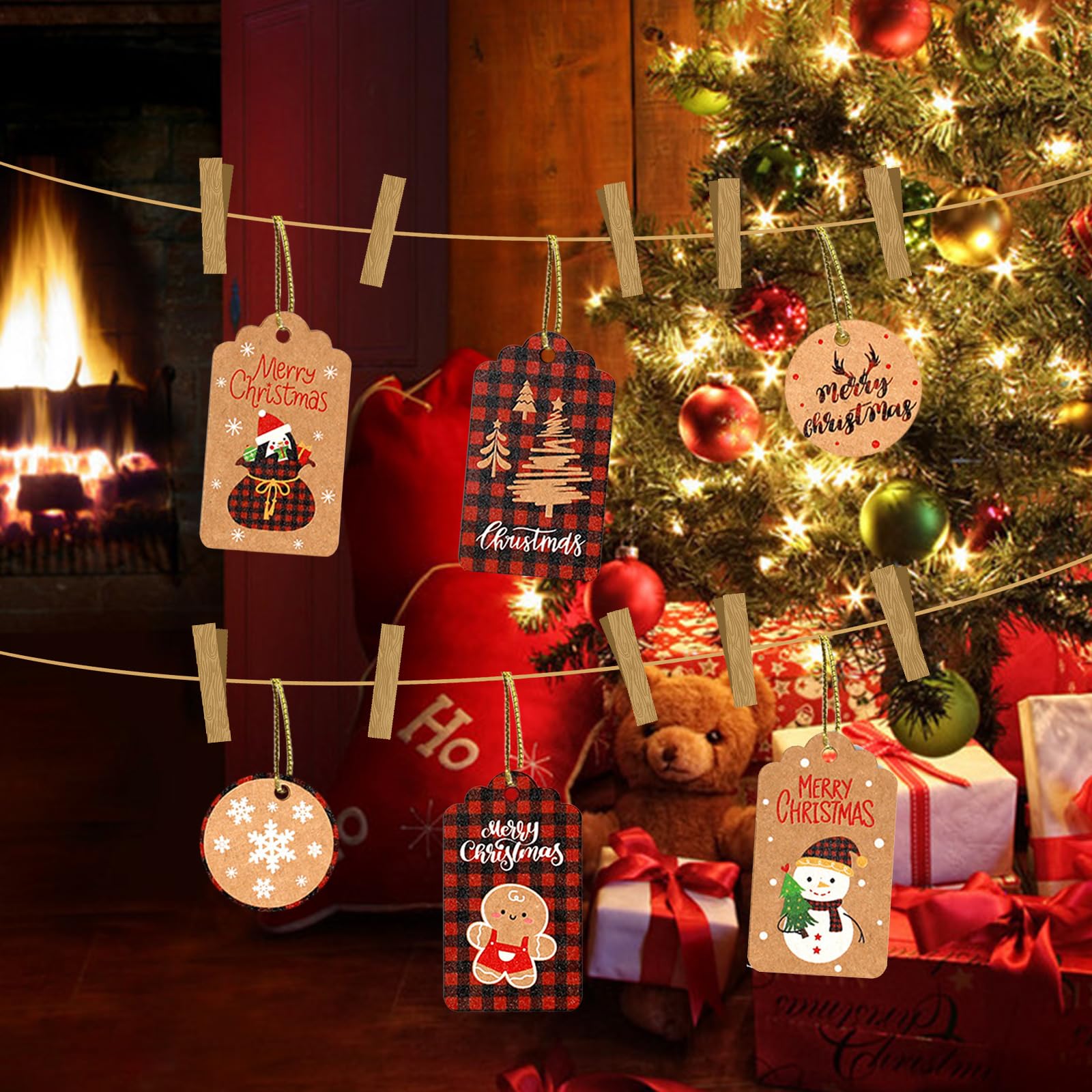 100 PCS Étiquettes Cadeau Noël Avec Ficelle, Vintage