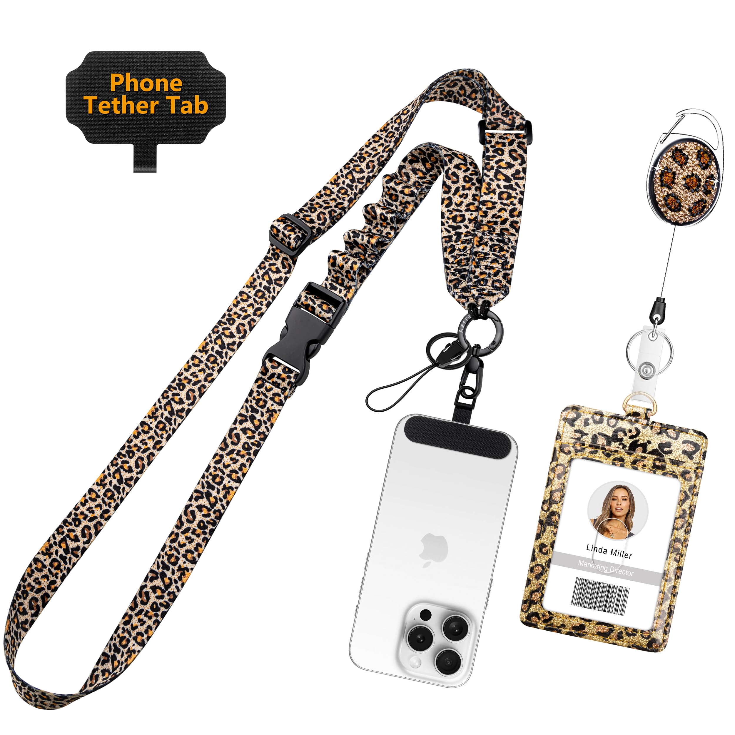 Azrra Adjustable Crossbody Cell Phone Lanyard for iPhone with Phone Tethers & Retractable ID Badge Card Holder (Leopard Print)