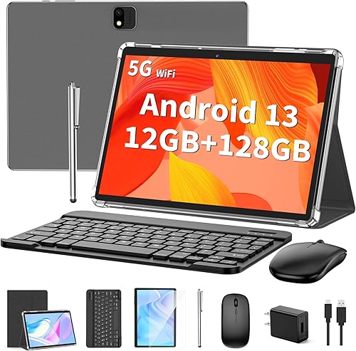 QDDQ Tablet Android con teclado, tableta Android 13, 12GB+128GB, expansión de 1TB, tableta 2 en 1, tableta de 10 pulgadas con funda, ratón, lápiz
