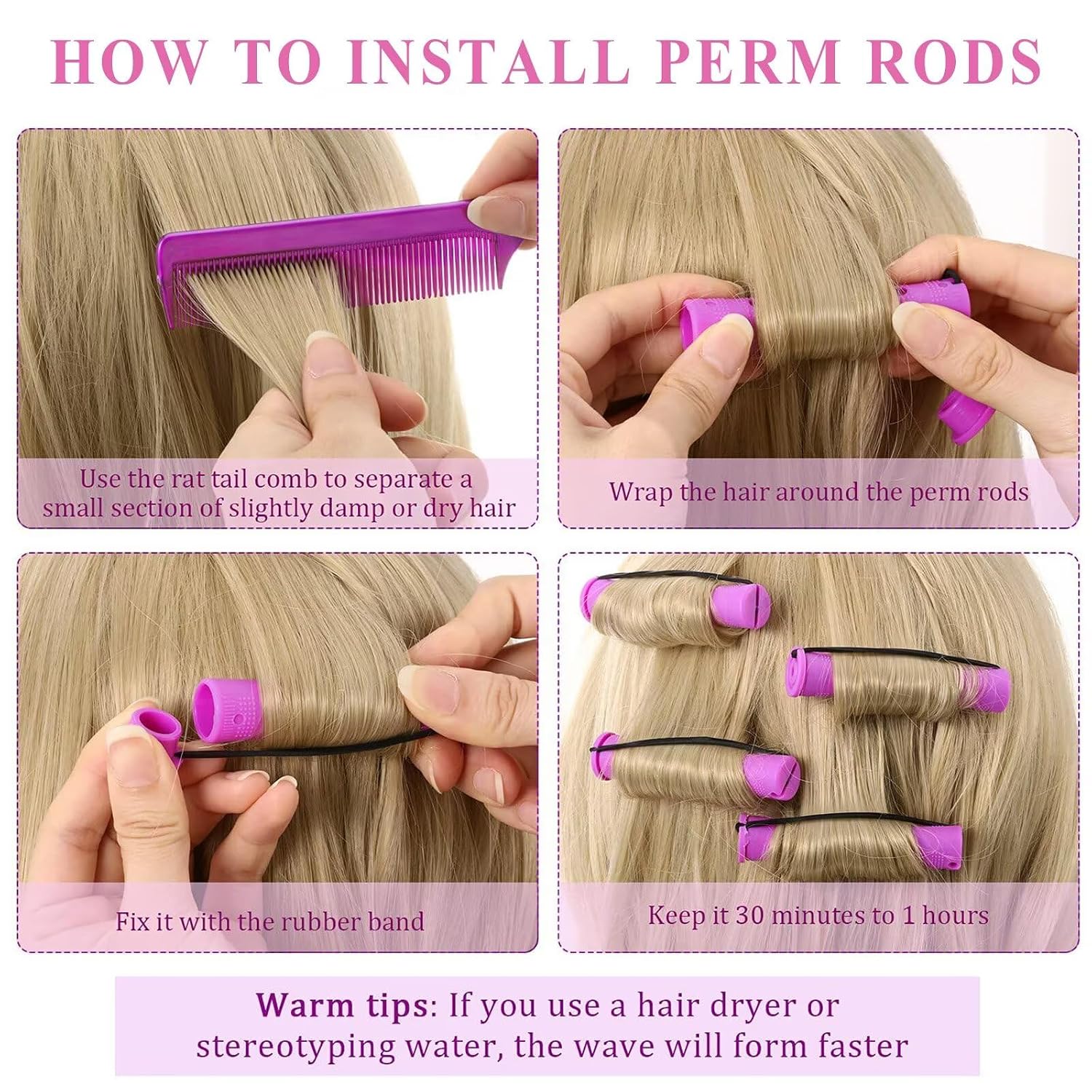 Perm Rods Set for Natural Hair, 40Pcs Plastic Cold Wave Rods, Heatless Perming Rods Hair Curler for Women, DIY Hairdressing Tools, Purple, 0.75 Inch