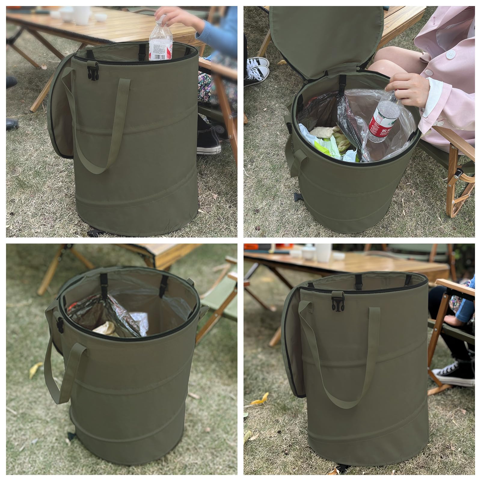 Cestino della spazzatura da campeggio pop-up con coperchio, cestino pieghevole da 24 galloni con clip di ordinamento, sacchetto della spazzatura da giardino con coperchio, sacchetti per prato e