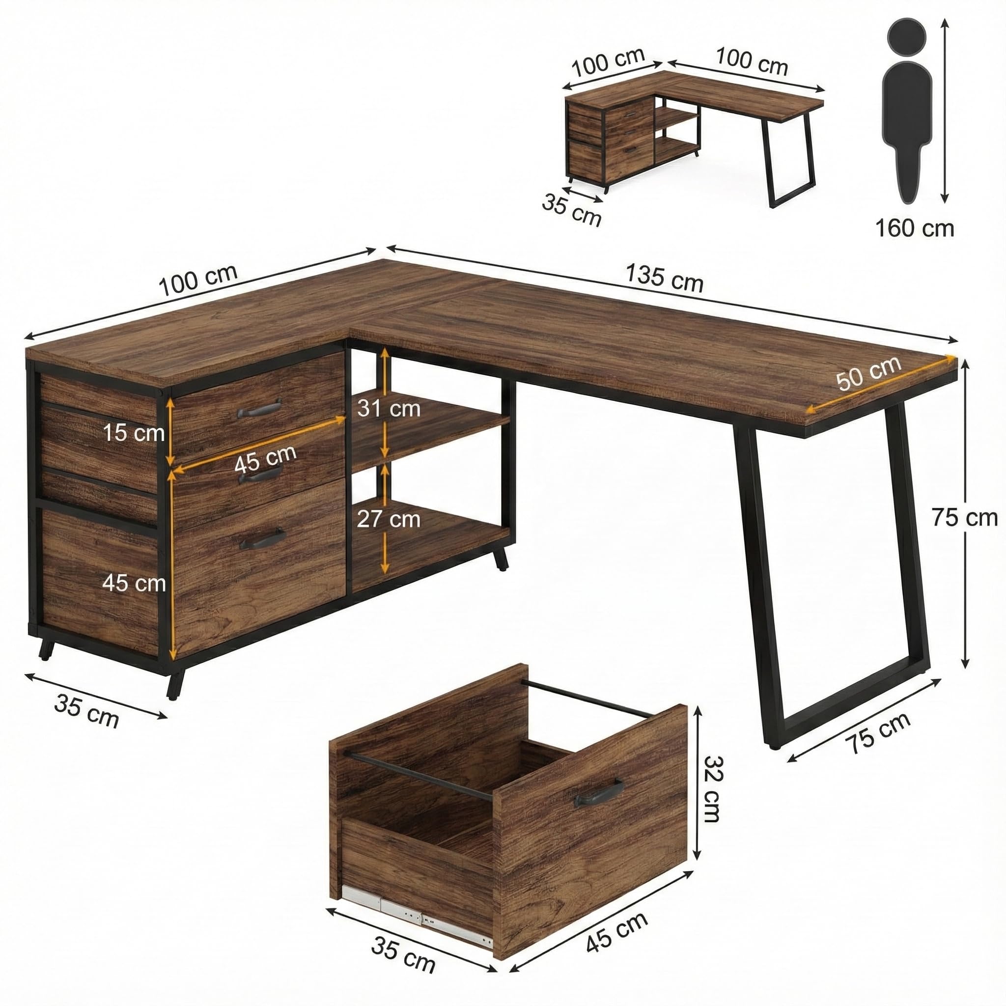 Lailang 134cm Scrivania, Tavolo Angolare, Scrivania Con Cassetti, Scrivania In Legno, Scrivania Studio Casa, Scrittoio Vintage, 134 x 50 x 74 cm, Marrone Rustico Nero