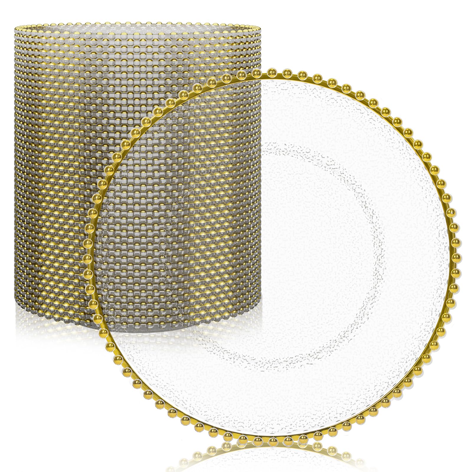 maoname 50 pcs clear charger plates bulk, 13" plastic round beaded chargers with silver rim, frosted grain plate chargers for wedding, party event