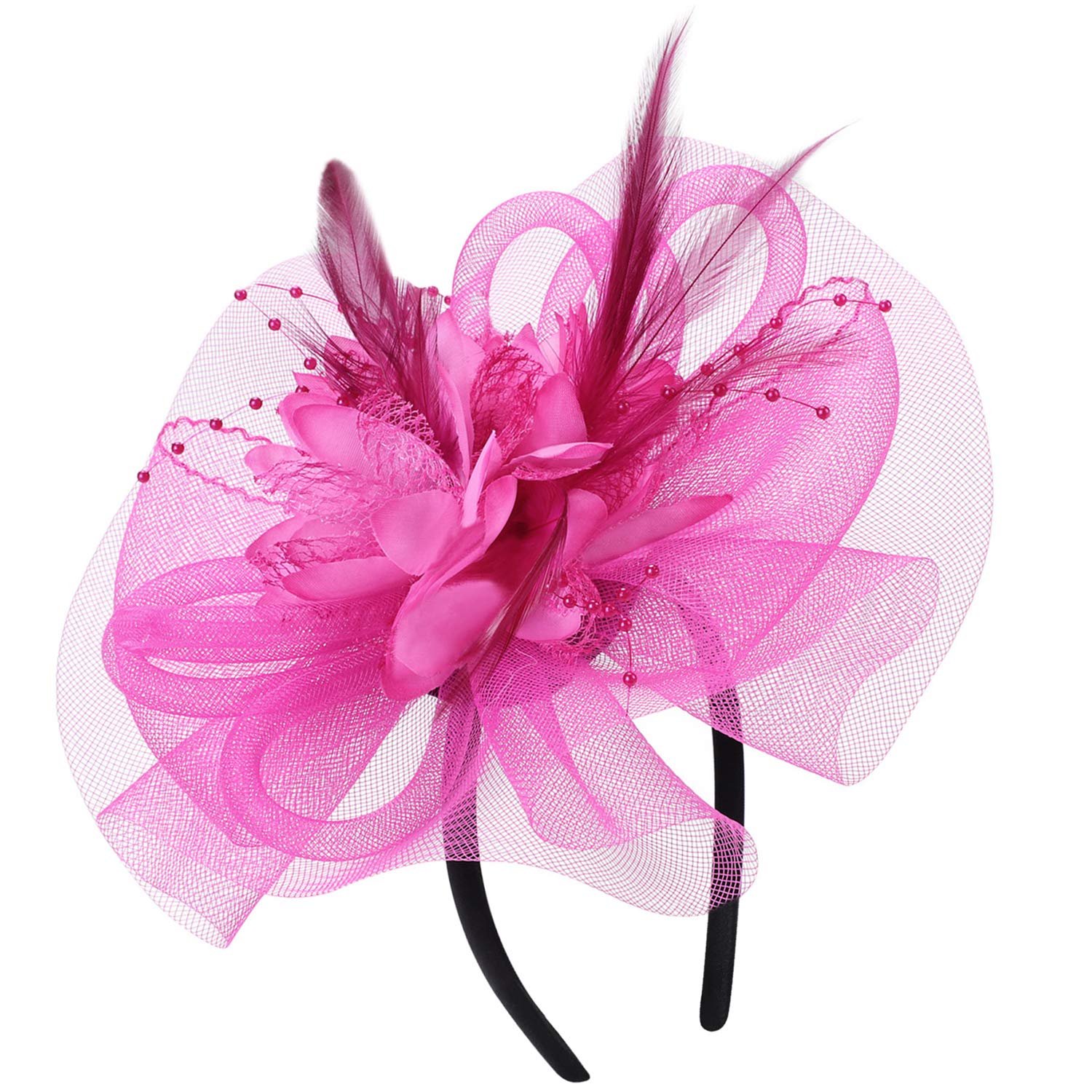 Haozaikeji Women's Rose Red Fascinators For Girls, Feather Fascinator Hat Mesh With Headhand, Flower Cocktail Tea Party Headwear For Wending Hen Party Pillbox Hat