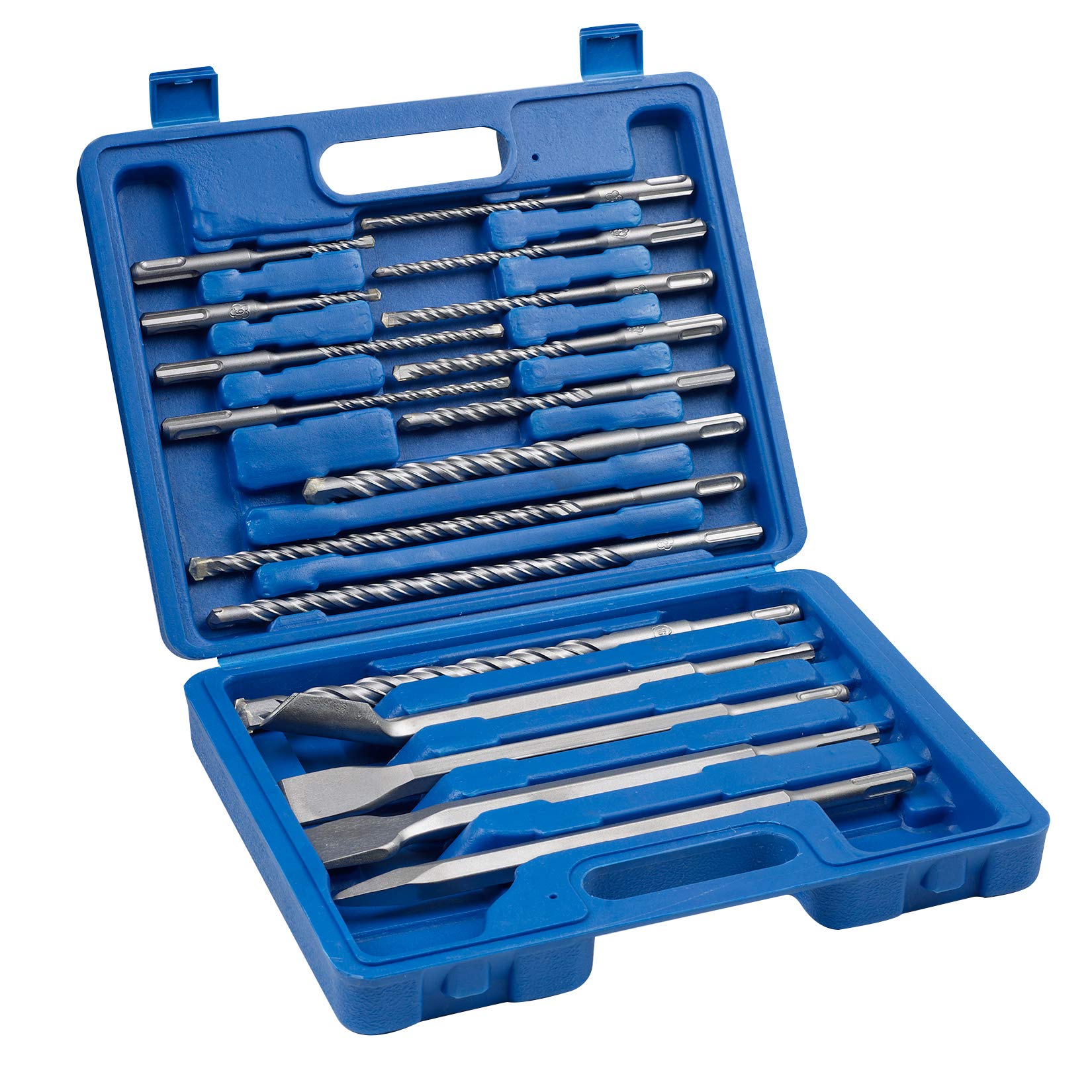 17 PCS Hammer Drill Bits and Chisels Set, SDS Plus Shank Connection Concrete Masonry Hole Tool Including Carbide Rotary Drill Bits, Pointed and Flat Chisels, Hard Storage Case