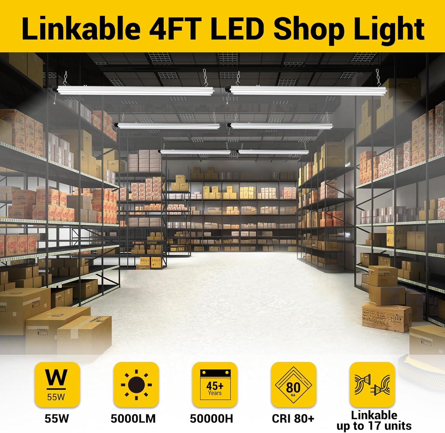 GT-Lite 4FT 5000 Lumen LED Shop Light 55W, Linkable Shop Lighting, Link Up to 17, Easy to Install, for Garage, Workshop, ETL Listed, Total 10,000LM/110W 2-Pack (2)