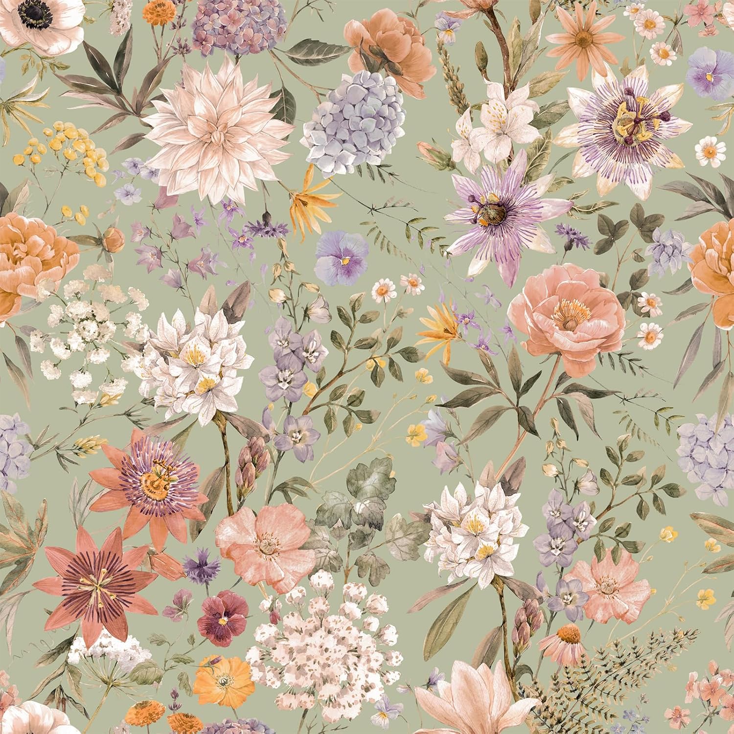 VEELIKE Vintage Floral Peel and Stick Wallpaper Sage Green Cottagecore Wallpaper for Bedroom Powder Room 17.7''x118'' Self Adhesive Removable Contact Paper Floral Wall Paper for Girls Room Nursery