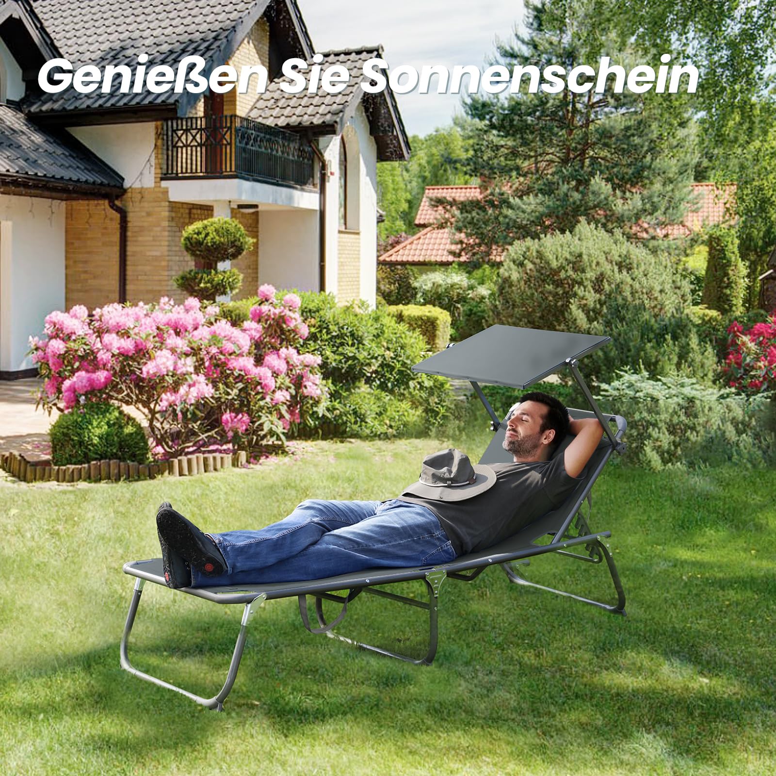 Homecall Sonnenliege Klappbar mit Dach, Kopfstütze, Gepolstert, 200x70 cm | 5-fach verstellbare Rückenlehne, Aluminiumgestell, wetterfest, faltbar, bis 180 kg belastbar, für Garten, Balkon, Terrasse