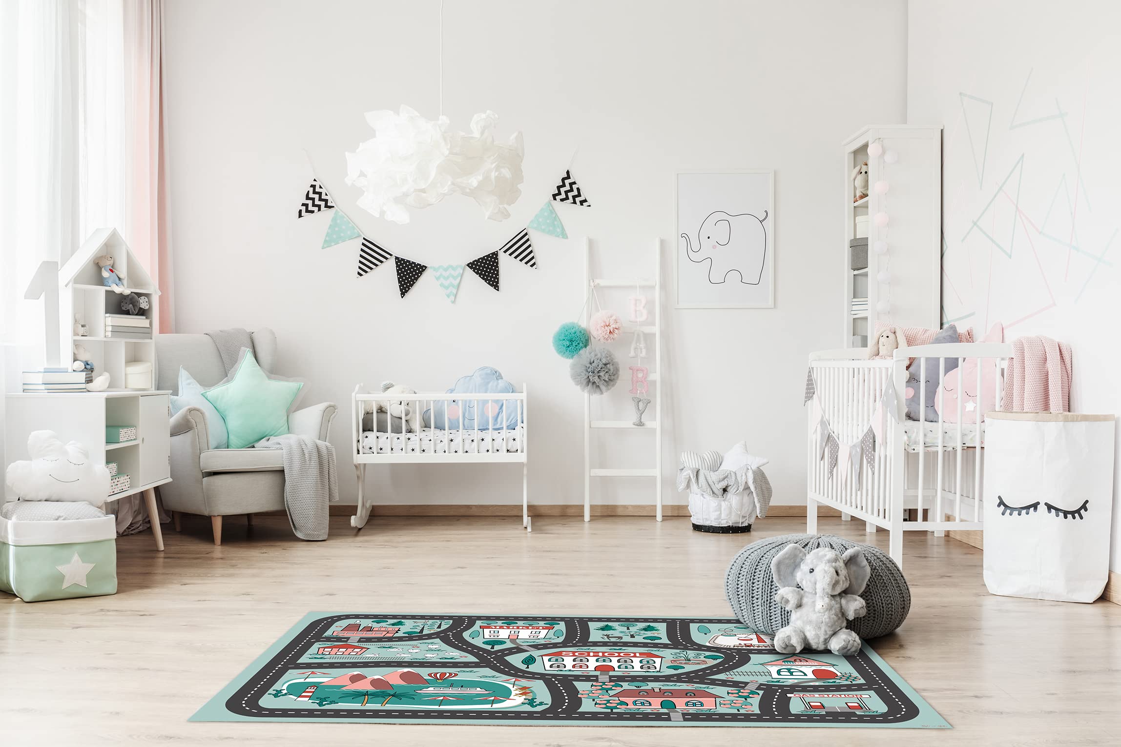 DobleUve Estudio Alfombra Vinílica Infantil 03 | Color Azul | 200x300 cm | Lavable | Carretera Infantil Grande | Habitación