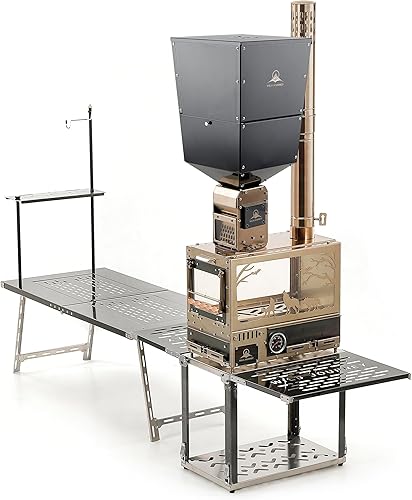 Estufa de leña multifuncional, estufa portátil de acero inoxidable 304 con horno, mesa de campamento, quemador de pellets, supresor de chispas y 6